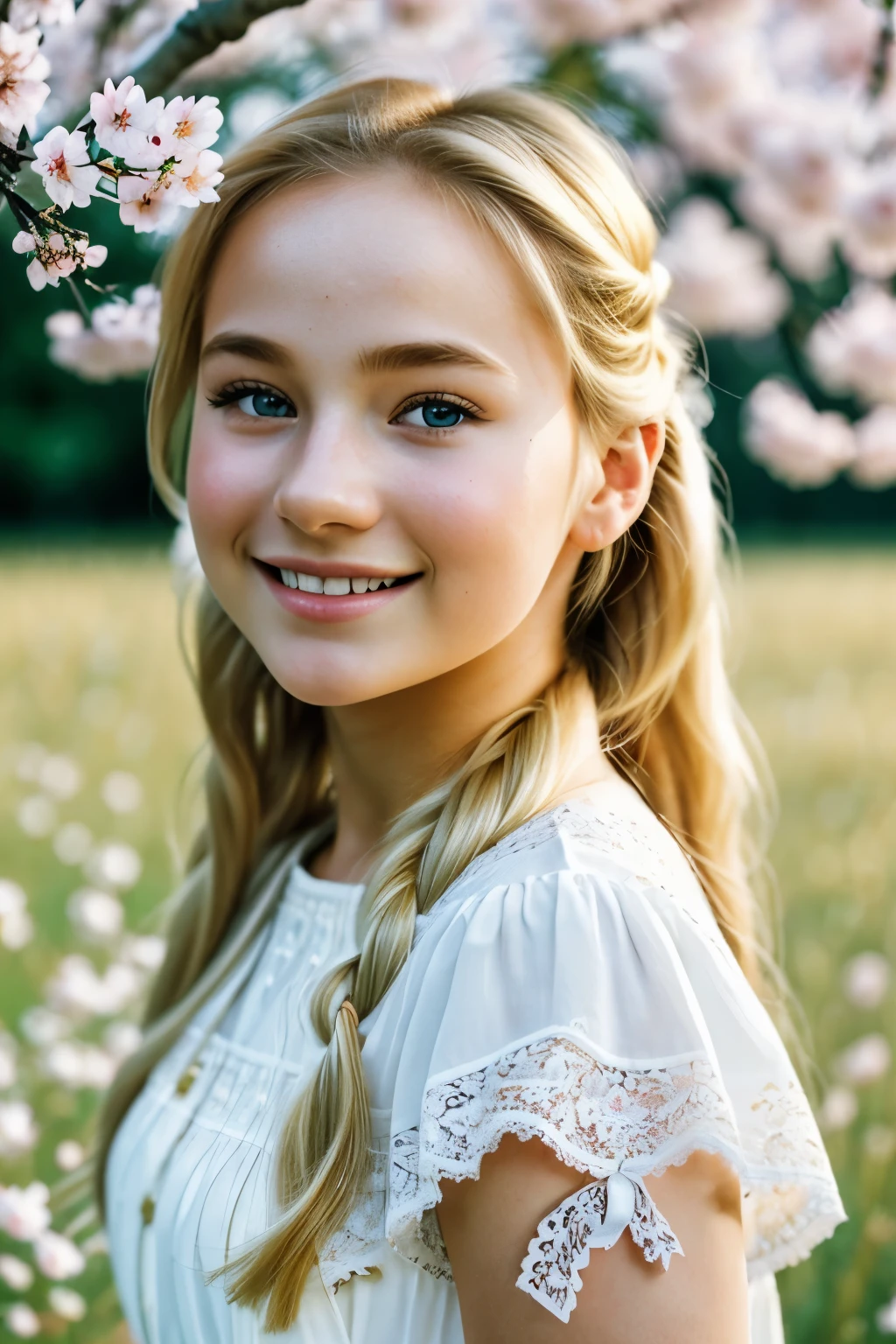 (Best quality, Ultra-detailed: 1.5), HDR, Timeless Beauty, Sunlit Meadow, Blossoming Cherry Blossoms, Childlike Innocence, Vibrant Spring Colors, Delicate Skin Texture, Youthful Glow, (Rosy Cheeks: 0.7), (Goosebumps: 0.5), (Blonde Hair: 1.2), Ponytail, Sweet Smile, Lace Dress, , Wholesome, Photorealistic, Soft Focus, Golden Hour, Outdoor Portrait, Epochal, Heartwarming, Masterpiece: 1.3,