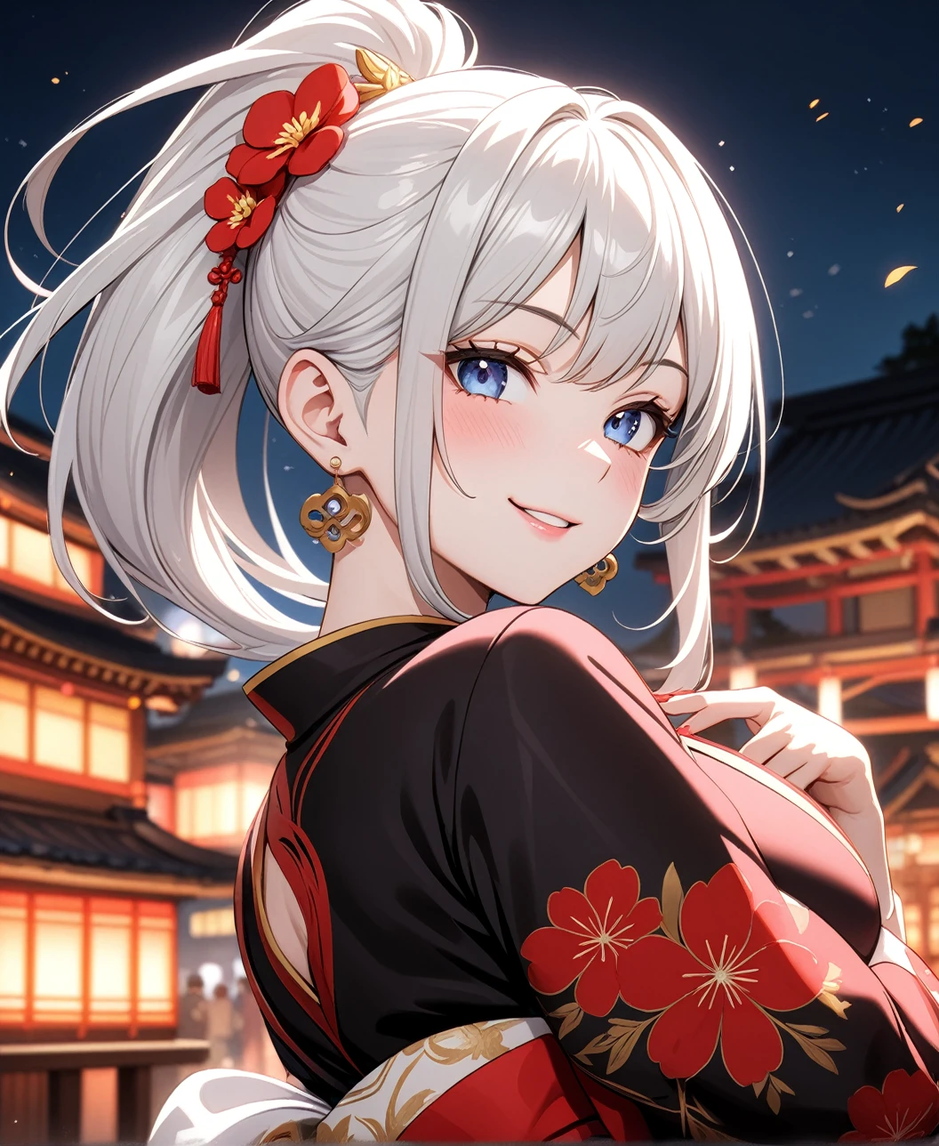 ((one personの女性)), Beautiful Face,Laugh shyly,((Wink:1.7)),Laughing with your mouth open,turn bright red,Glossy pink lips,night,Shrine festival sexpensives,((Anime style background)),masterpiece, highest quality, so beautiful, Latest, Complex details, (Pink long nails),AI-generated, Complex,High resolution, highest quality, super high quality,3D Images、View your viewers、3D Images,one person,Long white hair,High Ponytail,blue eyes,Anime woman posing for a photo, [[fine grain、Colorful eyes、Shining Eyes:1.15]],(Squint your eyes:1.1),a hyperRealistic , hyperRealistic , Realistic,Anime woman with long and white hair, Smooth anime CG art, A woman in a colorful kimono with gold embroidery, (Black kimono),Red floral pattern,Long flower hair ornament,Big earrings,(Big Breasts:1.1),Mature Body,expensive,Big Ass,Fine details,Tight waist,Abdominal muscles,(Face close-up:1.5),Tilt your face,Shooting from an angle,Leaning forward
