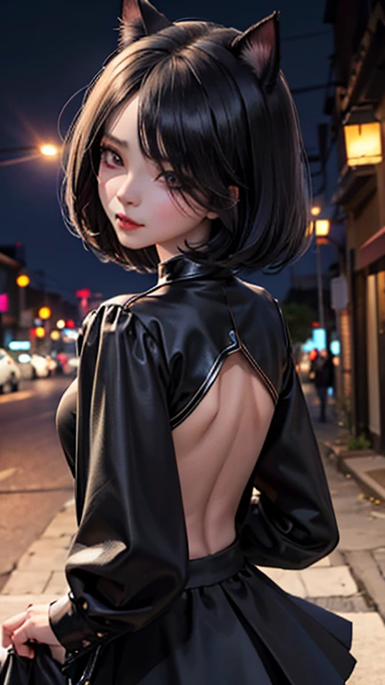 Highest quality , High resolution , Detailed CG , high school girl , short hair , Black dress , Modest chest , Black Hair , Two limbs , Optimal ratio , Embarrassed expression , Burning cheeks , In town , Narrow alley at night , Very dark back alley , Nipples are visible , touching one&#39;s own breasts with one&#39;s own hands , facial expression during orgasm , Hiding in the shadows ,