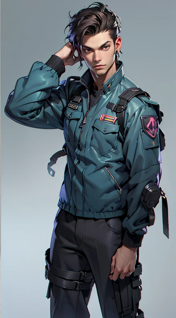 11:23(((Best quality: 1.4))),(Unbeatable masterpiece), (hyper HD),(Hyper-realistic 8k CG)、(dark colored hair) ((( body))), (((1 girl in))), 25-year-old American soldier with perfect body,,Beautiful and well groomed face,muscular body:1.2,Solid royal blue jacket with details, (Pictures from head to thighs), Complex equipment, purpleish color,long trousers,The clothes inside are dark,Clothes with armored metal electronic parts, Poison tattoos )