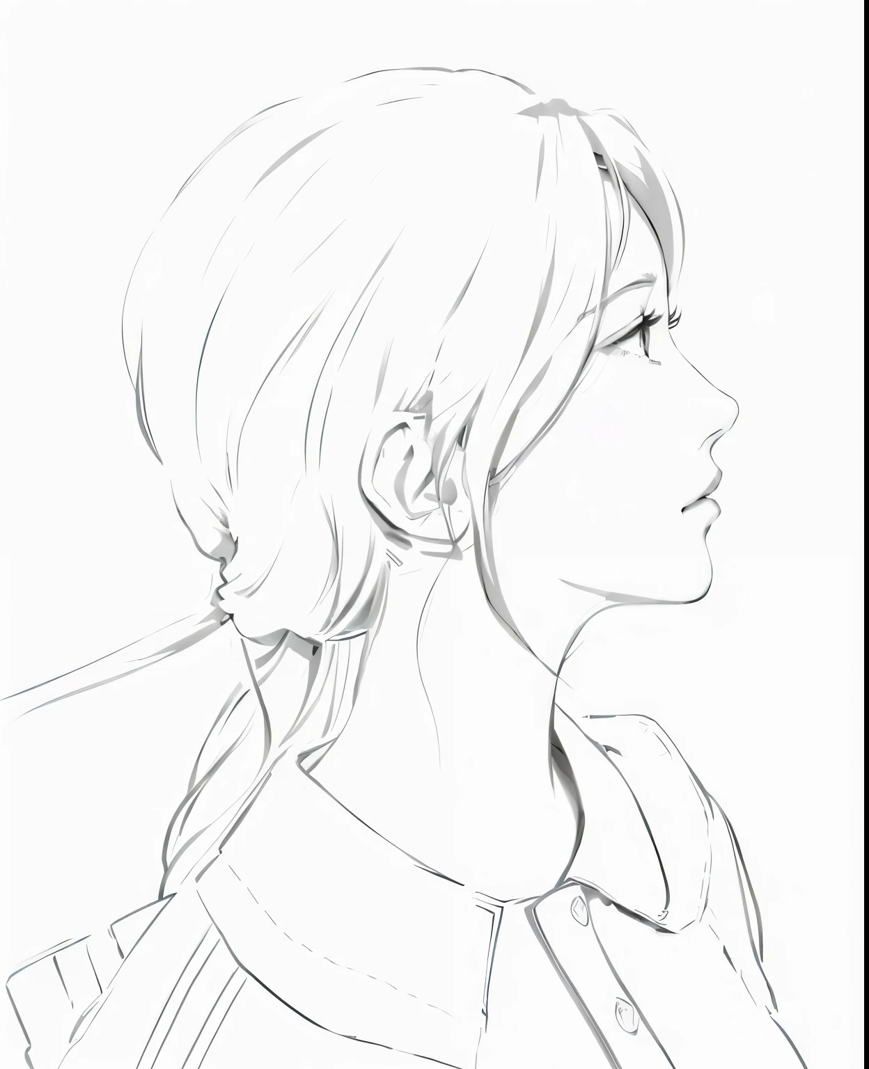 Drawing of a ponytailed woman in a jacket, outline, outline!!, vertical center side profile, profile poses, Vertical side profile, line art, Vertical profile of an anime girl, girl body, half body portrait, Anime girl profile, digital sketch, anime figure, Linear cleaning, โครงanime figureที่สะอาดตา, outoutline, perfect straight line
