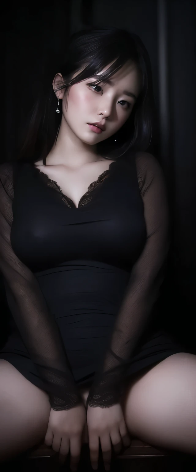 ((in the dark, in the dim deep mountain pass, high contrast lighting)), (((round face, blush, drooping eyes))), ((focus on her pubic hair to show off masturbation)), wide spread legs, casual dress, earrings, 