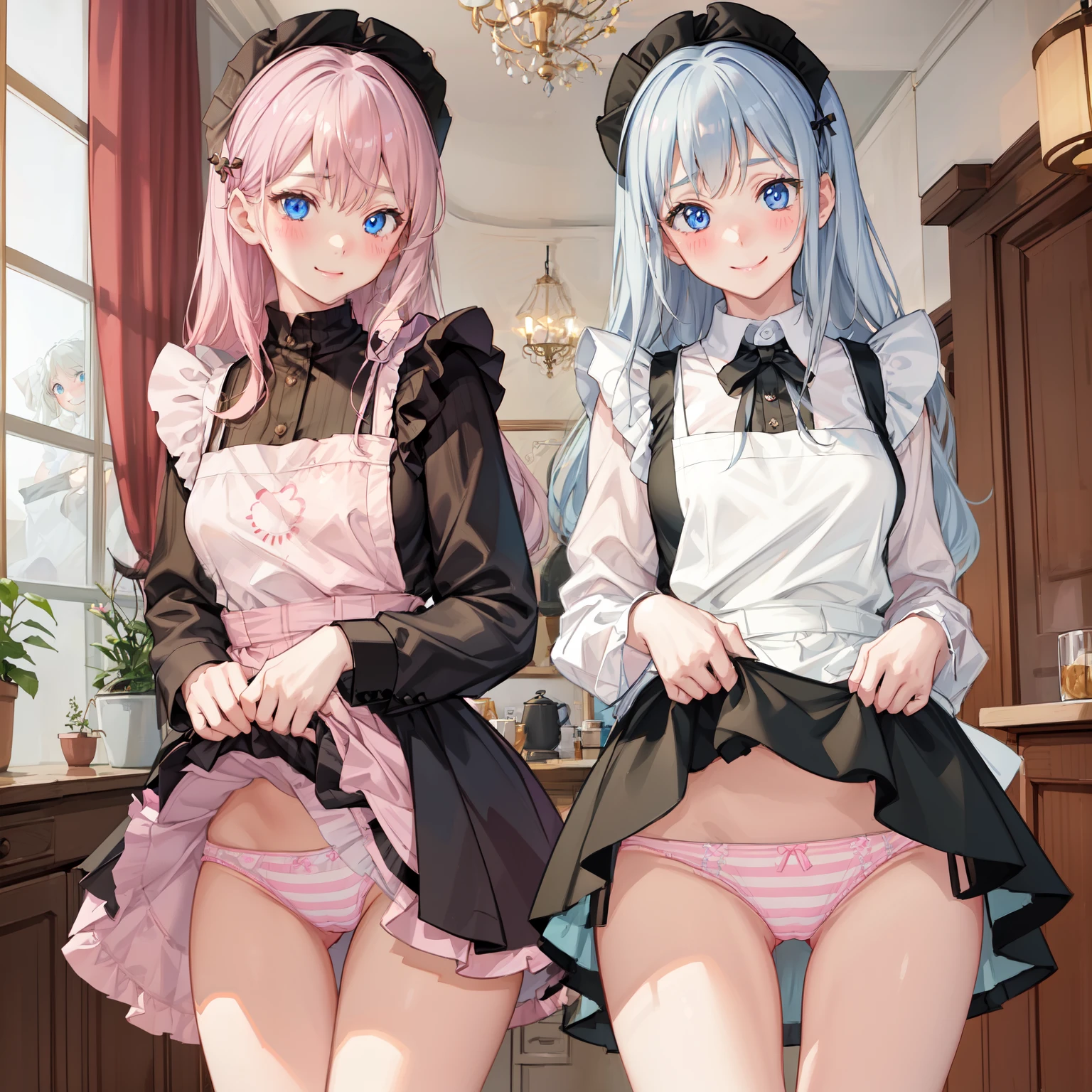 highest quality, masterpiece, ((2 girls:1.5)), ((smile:1.3)), (blush:1.3), Black Shirt, blouse, ((fun!!)), (Small ), Blonde, (Long sleeve), ((White apron:1.5)), ((Maid)), ((hair ornaments)), Kamimei, look at me, ((in house:1.5)), Taking a break from watching the audience, Cowboy Shot, (skirtlift:1.3), (Highly detailed pink striped panties(Highly detailed panties:1.3), that rolls up:1.3), (Panties fully exposedLight blue eyes, long hair, Glowing Eyes