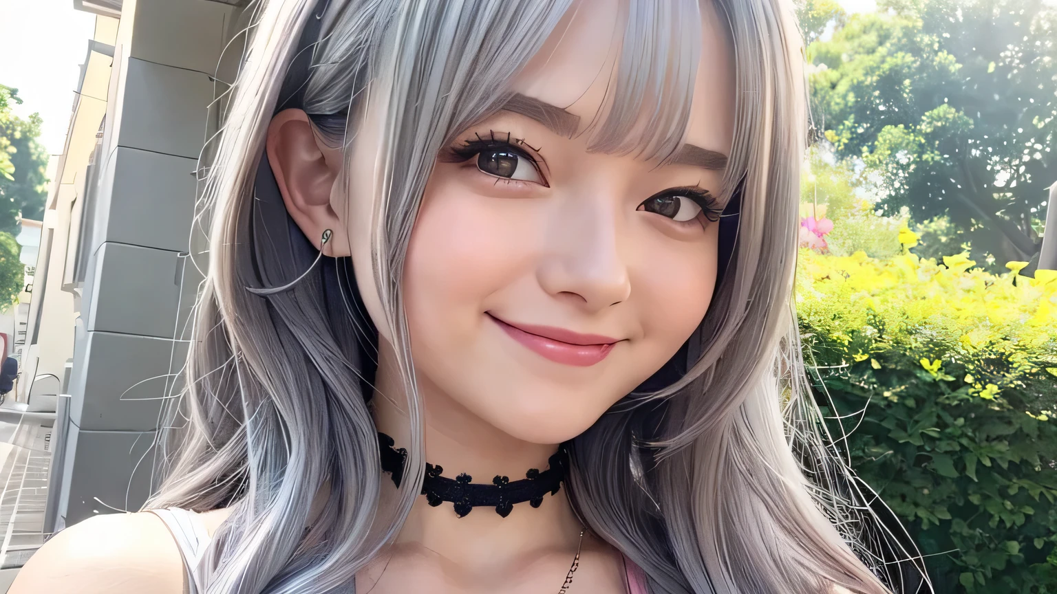 highest quality, Learning, Detailed Hair, High resolution, Big Breasts、necklace, , (Beautiful Face), beautiful girl、Her hair is light grey and pale pink、Smiling、have large breasts、Looking up、Black Dress、choker、Smiling、The ends of the hair are curled、Little devil、
