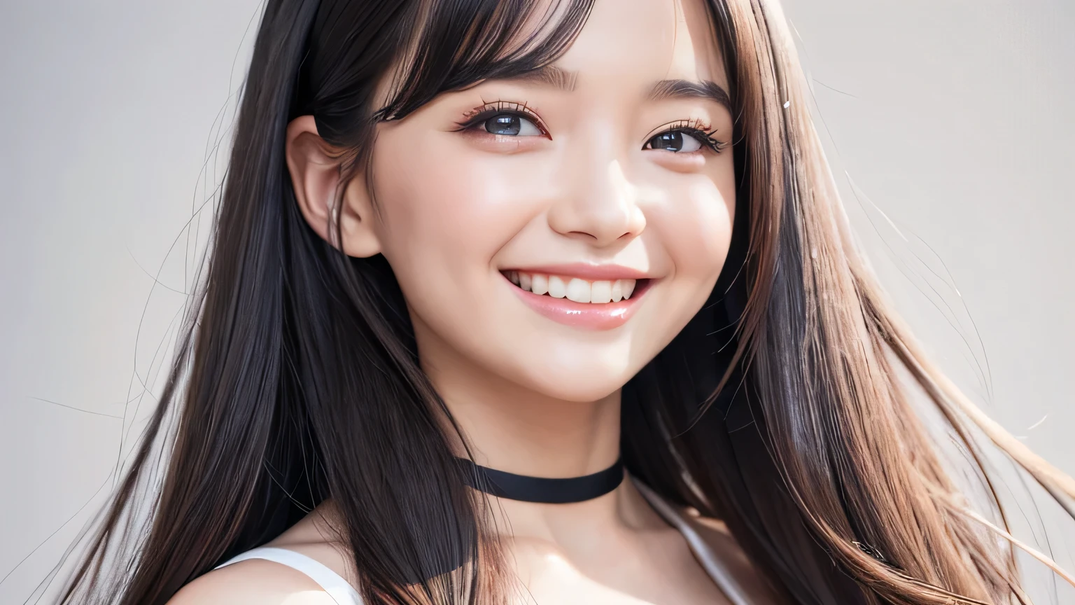 highest quality, Learning, Detailed Hair, High resolution, Big Breasts、necklace, , (Beautiful Face), beautiful girl、Her hair is light grey and pale pink、Smiling、have large breasts、Looking up、Black Dress、choker、Smiling、The ends of the hair are curled、Little devil、