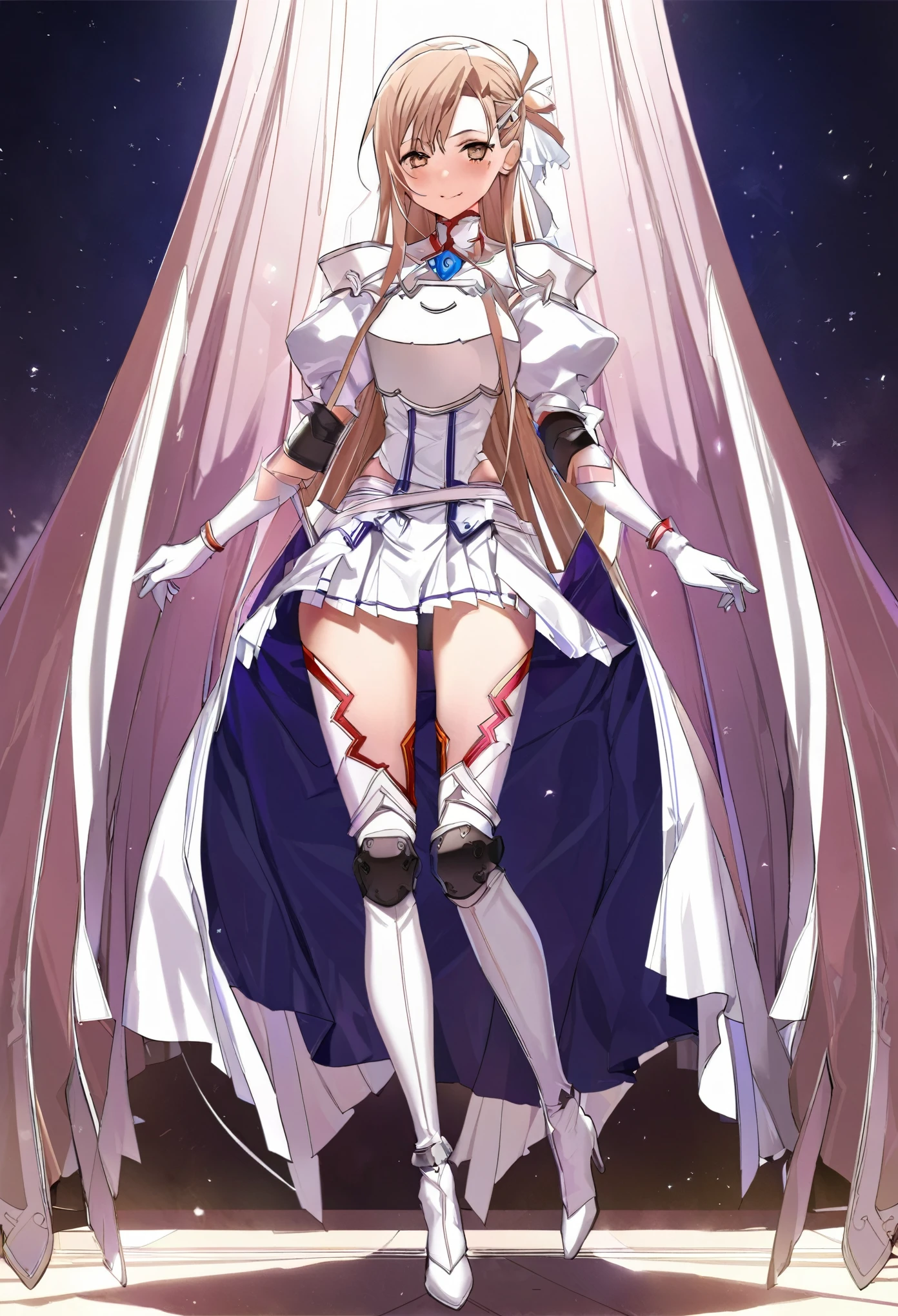masterpiece, highest quality, High resolution　Magical Girl Asuna、ALO Asuna、Lambent Light、Puff sleeves、Shoulder rest、Silver Breastplate、Pleated skirt、Long gloves、Thigh-high stiletto long boots、Knee pads、brooch、Hair clip、Hair Ribbon、Standing still、Full Body Shot、