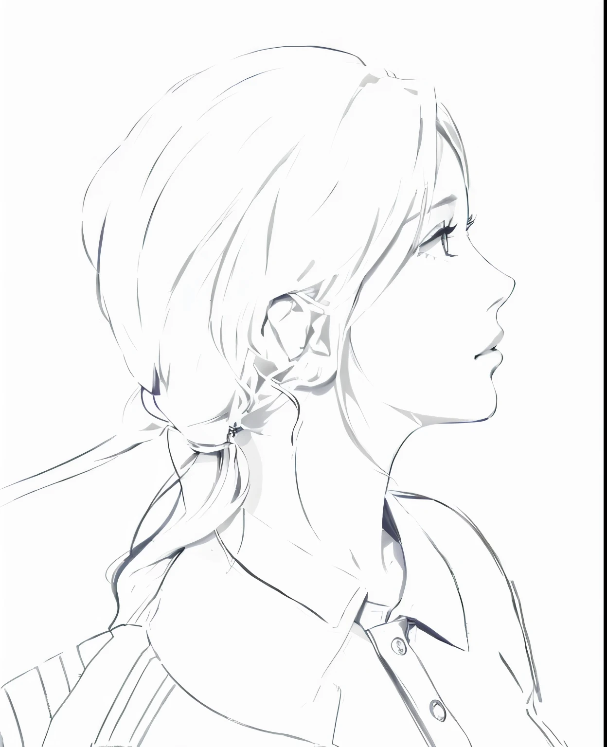 Drawing of a ponytailed woman in a jacket, outline, outline!!, vertical center side profile, profile poses, Vertical side profile, line art, Vertical profile of an anime girl, girl body, half body portrait, Anime girl profile, digital sketch, anime figure, Linear cleaning, โครงanime figureที่สะอาดตา, outoutline, perfect straight line