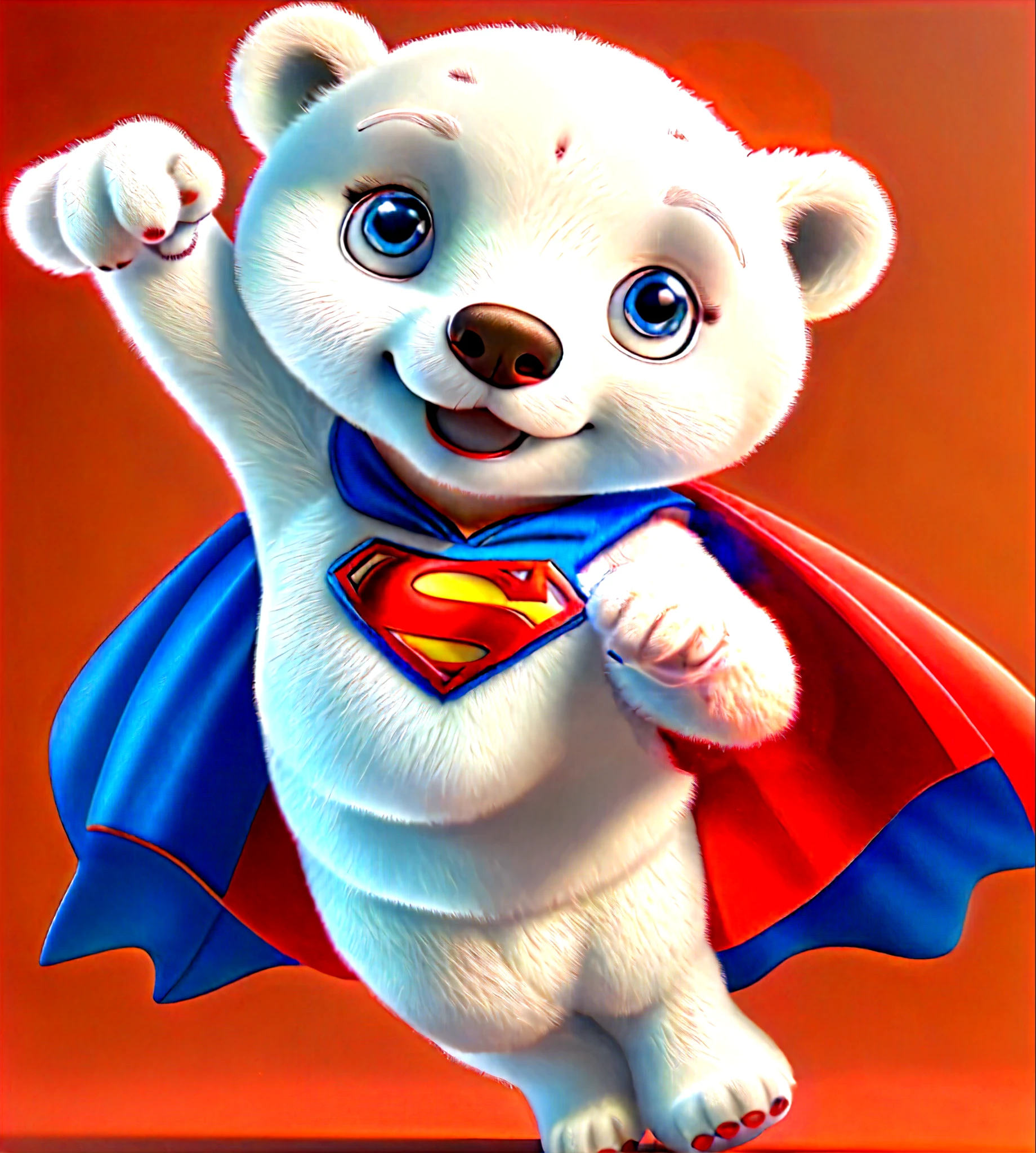 (masterpiece), (best quality), (Extremely detailed),  Cute white bear, blue cape with Superman S logo on the chest flying in the air, big eyes, smiling, Pixar, red background, cute baby polar dog, superman, Disney, design, 3D