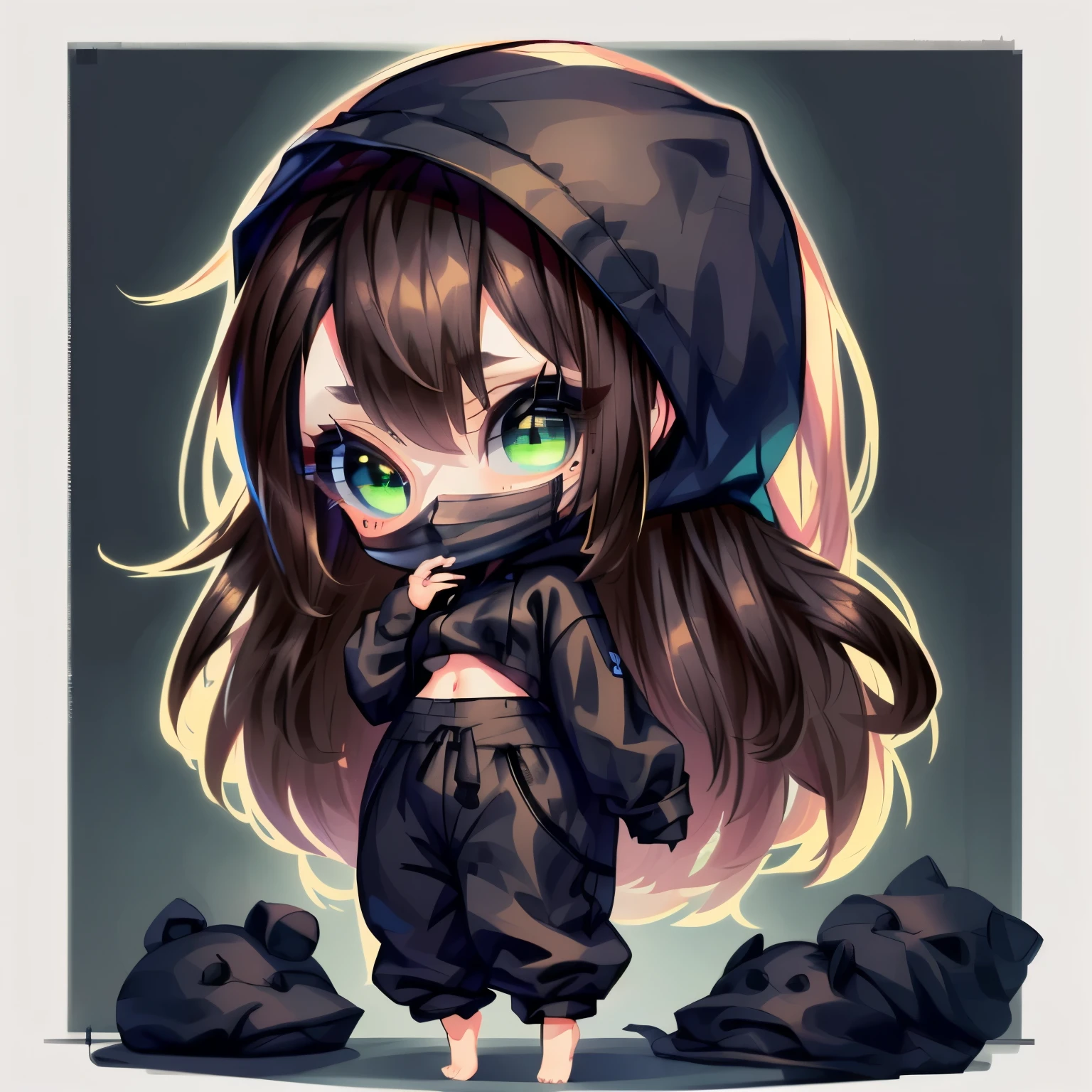 chibi,
long_hair, brown_hair, no_bangs, blue_eyes, green_eyes, dreamy, mask, black_clothes, hoodie, black_hoodie, black_sweater, black_sweatpants, no_boobs, small_boobs, small_breasts, alan_walker, walker

