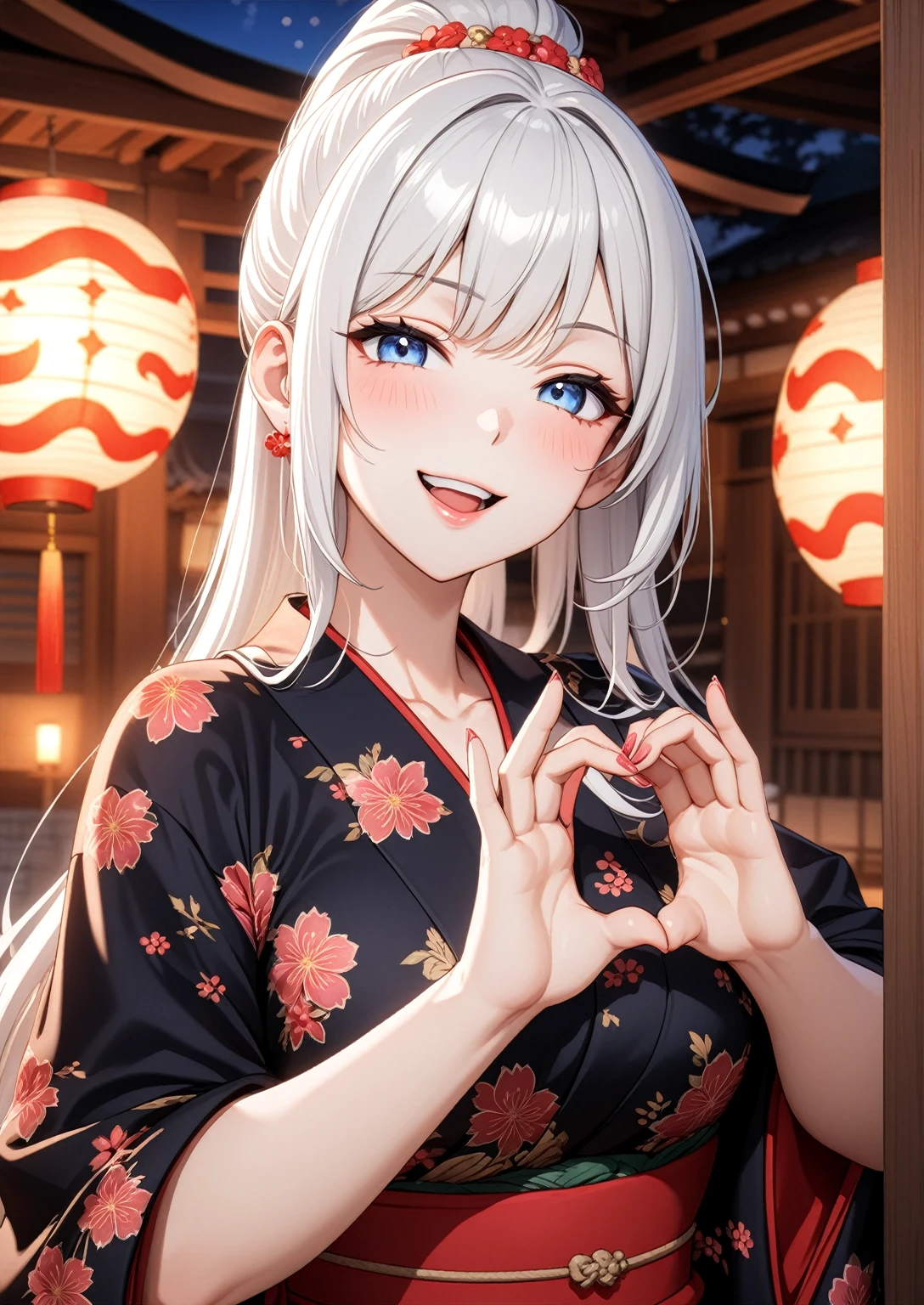 ((one personの女性)), Beautiful Face,Laugh shyly,((Wink:1.7)),Laughing with your mouth open,turn bright red,Glossy pink lips,night,Japanese-style room of the shrine,firework,((Anime style background)),masterpiece, highest quality, so beautiful, Latest, Complex details, (Pink long nails),AI-generated, Complex,High resolution, highest quality, super high quality,3D Images、View your viewers、3D Images,one person,Long white hair,High Ponytail,blue eyes,Anime woman posing for a photo, [[fine grain、Colorful eyes、Shining Eyes:1.15]],(Squint your eyes:1.1),a hyperRealistic , hyperRealistic , Realistic,Anime woman with long and white hair, Smooth anime CG art, A woman in a colorful kimono with gold embroidery, (Black kimono),Red floral pattern,Long flower hair ornament,Big earrings,(Big Breasts:1.1),Mature Body,expensive,Big Ass,Fine details,Tight waist,Abdominal muscles,(Face close-up:1.5),Tilt your face,Shooting from an angle,(making a heart hand sign with their hands in front of their chest:1.8)