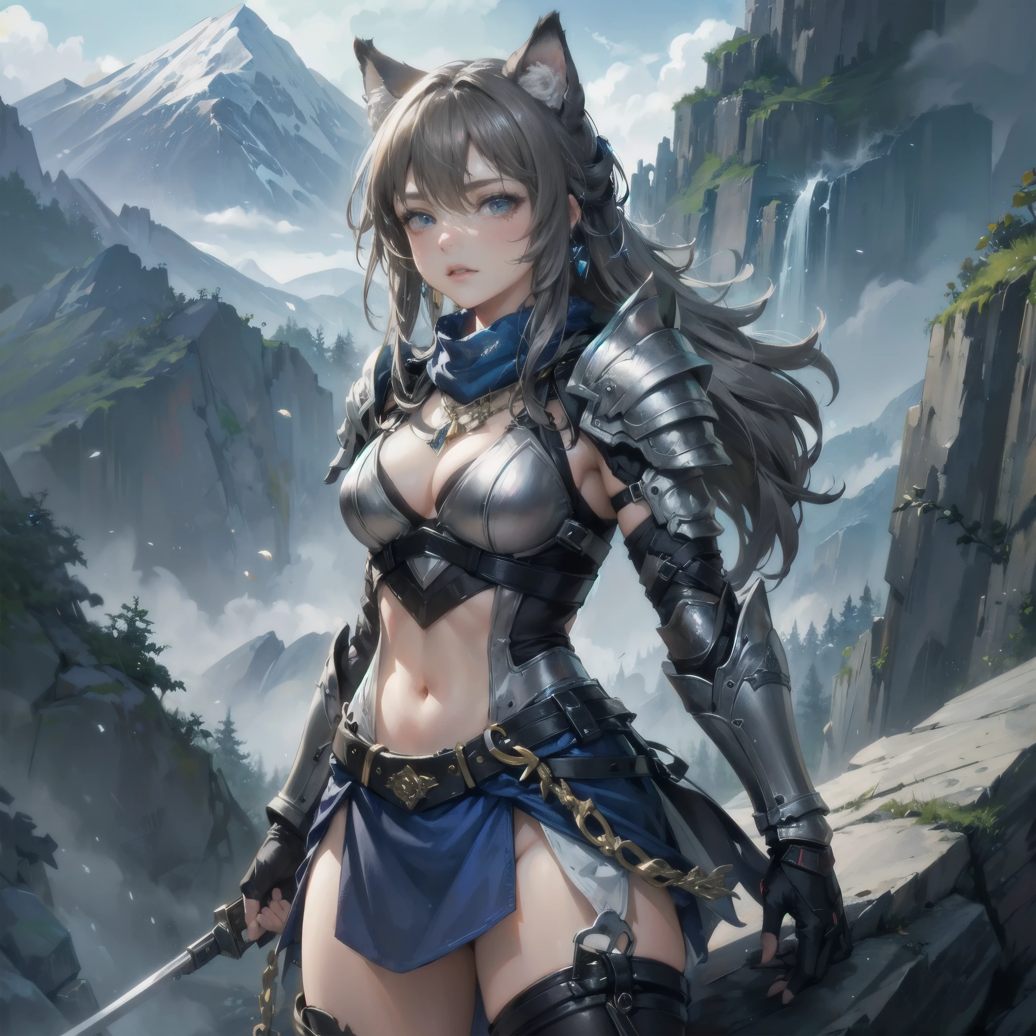 A fantasy Wasteland battles hand-in-hand through a wasteland full of pitfalls. The camera zooms in on the girl, capturing her determination. The cool girl, with wolf ears,wolf tail, wears thin leather armor and dark cloak. As the zoom progresses, the focus shifts to her hands, highlighting the worn and weathered textures that symbolize her journey and the hardships she has endured. This message is realized in a mixed-media sculptural style, combining elements of metalwork and textile art to represent the characters and their resilience in three-dimensional form.