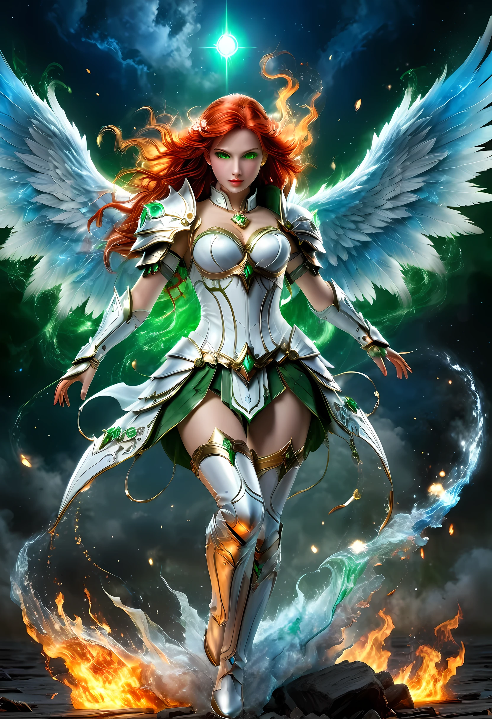 16k, ultra detailed, masterpiece, best quality, (extremely detailed), arafed, dnd art, panoramic view, full body, aasimar, female, (Masterpieceת intense details:1.3), female, sorceress, casting flaming spell(Masterpieceת intense details:1.3) large angelic wings, (azure: 1.3) angelic wings spread (Masterpieceת intense details:1.3), fantasy magical heaven background (Masterpieceת intense details:1.3), moon, stars, clouds, wearing white armor (Masterpieceת intense details:1.3), high heeled boots (Masterpieceת intense details:1.3), armed with staff, (red hair: 1.4), (green eyes: 1.4), intense eyes, ultra feminine, ultra detailed face, (Masterpieceת intense details:1.5), (anatomically correct: 1.5), determined face, divine light, cinematic lighting, soft light, silhouette, photorealism, panoramic view ((Masterpieceת intense details:1.3) , Wide-Angle, Ultra-Wide Angle, 16k, highres, best quality, faize, 3D rendering