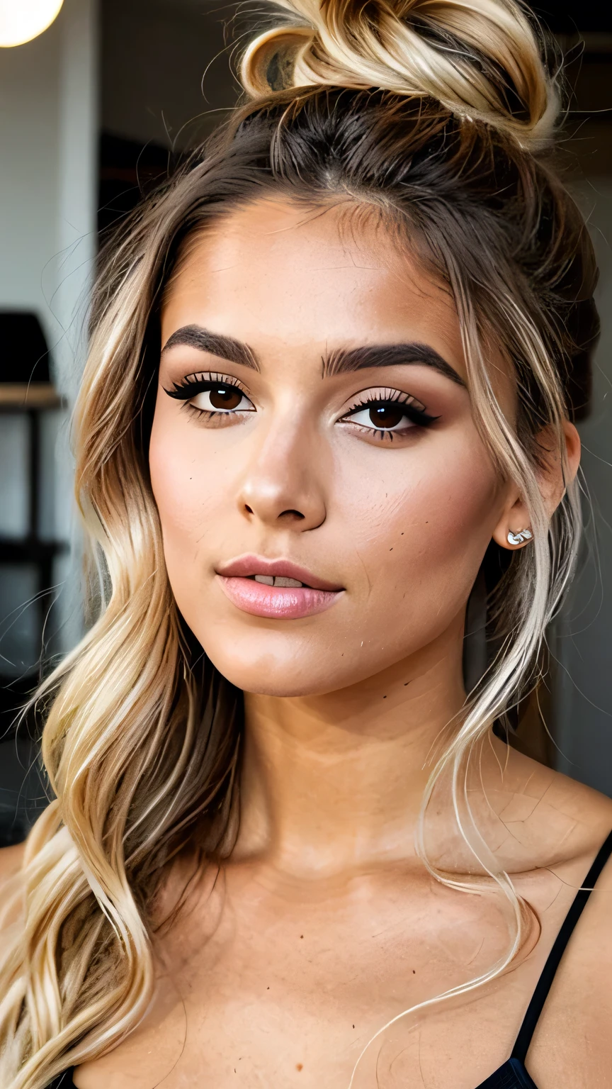 more sexy, more detailed, hairs into a bun, natural makeup