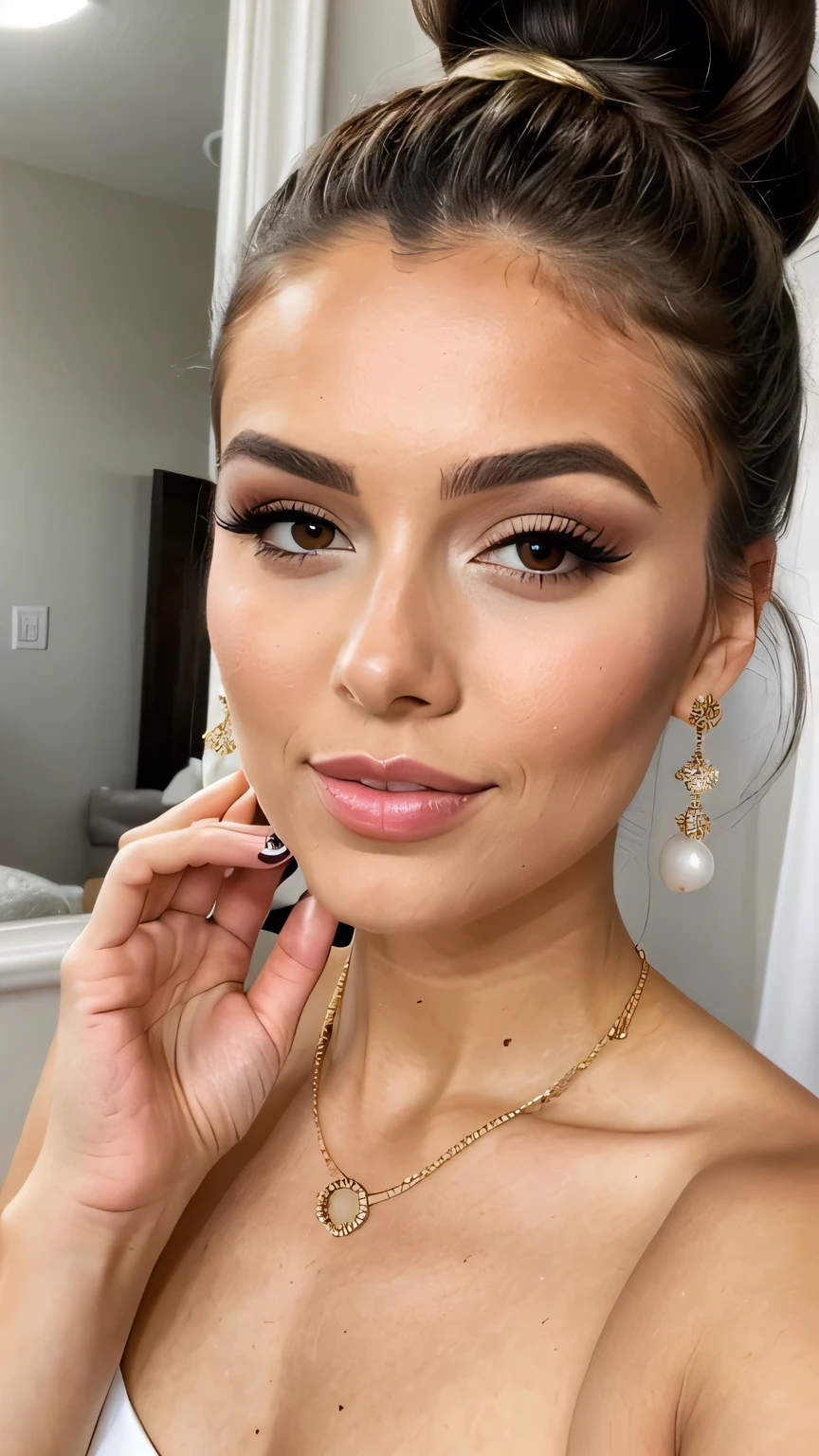 more sexy, more detailed, hairs into a bun, natural makeup