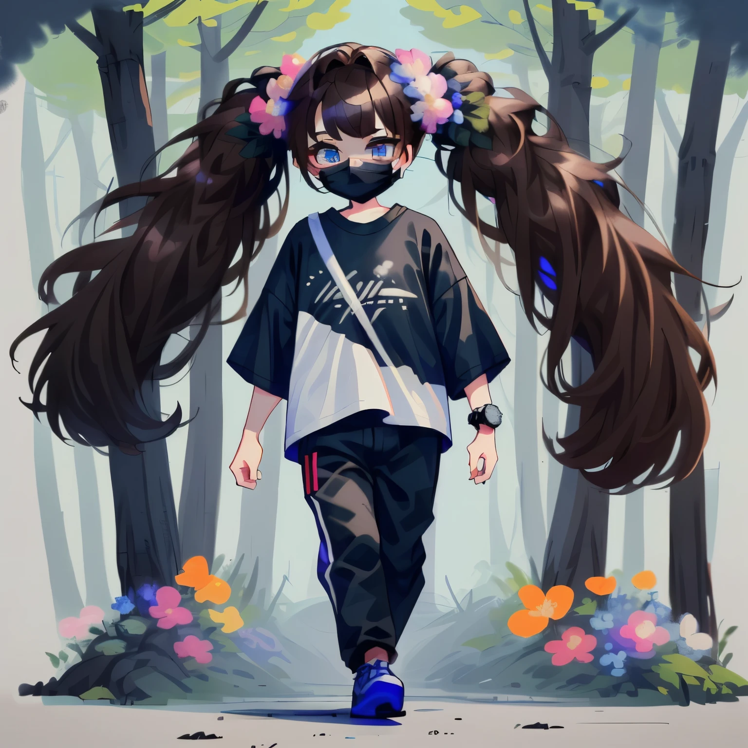 20y old walking throught the forest, sunshine, mountens
long brown hair, twin tails, blue eyes, black mask, exided
white t-shirt with flowers, black sweatpants with blue lines, on right hand has watch
