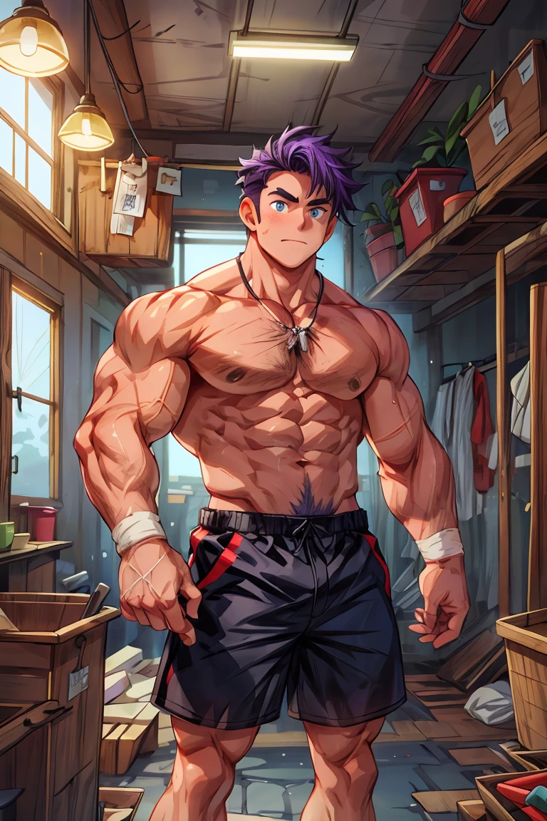 height:About 300cm,Bare chest muscles,Upper body,(masterpiece,The best quality,H),1 person,Naked Man,很shy,My face turns red,shy,muscular,Eyes look at the audience,Nude,(Nude),Blue eyes,No shirt,Upper body,short blue-purple hair,Youthful feeling,young,(Fluorescent lamp),(One color),(蓝色background),Grey Striped Shorts,Thick arms,Broad shoulders,Strong without being bulky,tall and big,height极高,The room looks small to him.,Hairy body,Very big body,Covered with muscles,Very strong,strongman,huge,maximum,Open your arms to your sides,Facial Cleansing,Clean face,Chest muscle expansion,background:A hanger full of clothes