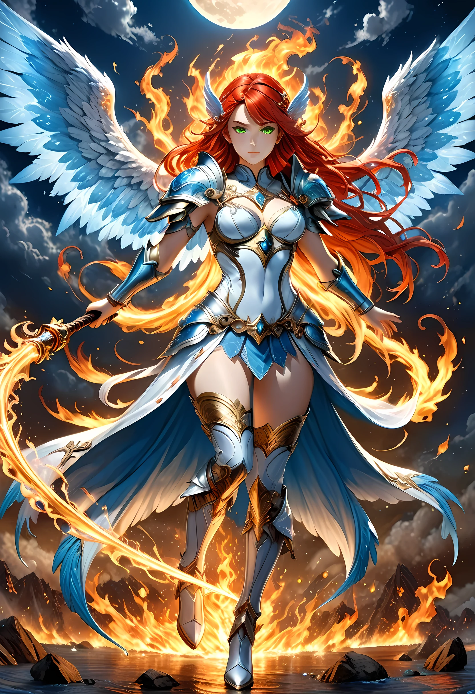 16k, ultra detailed, masterpiece, best quality, (extremely detailed), arafed, dnd art, panoramic view, full body, aasimar, female, (Masterpieceת intense details:1.3), female, sorceress, casting flaming spell(Masterpieceת intense details:1.3) large angelic wings, (azure: 1.3) angelic wings spread (Masterpieceת intense details:1.3), fantasy magical heaven background (Masterpieceת intense details:1.3), moon, stars, clouds, wearing white armor (Masterpieceת intense details:1.3), high heeled boots (Masterpieceת intense details:1.3), armed with staff, (red hair: 1.4), (green eyes: 1.4), intense eyes, ultra feminine, ultra detailed face, (Masterpieceת intense details:1.5), (anatomically correct: 1.5), determined face, divine light, cinematic lighting, soft light, silhouette, photorealism, panoramic view ((Masterpieceת intense details:1.3) , Wide-Angle, Ultra-Wide Angle, 16k, highres, best quality, faize, 3D rendering