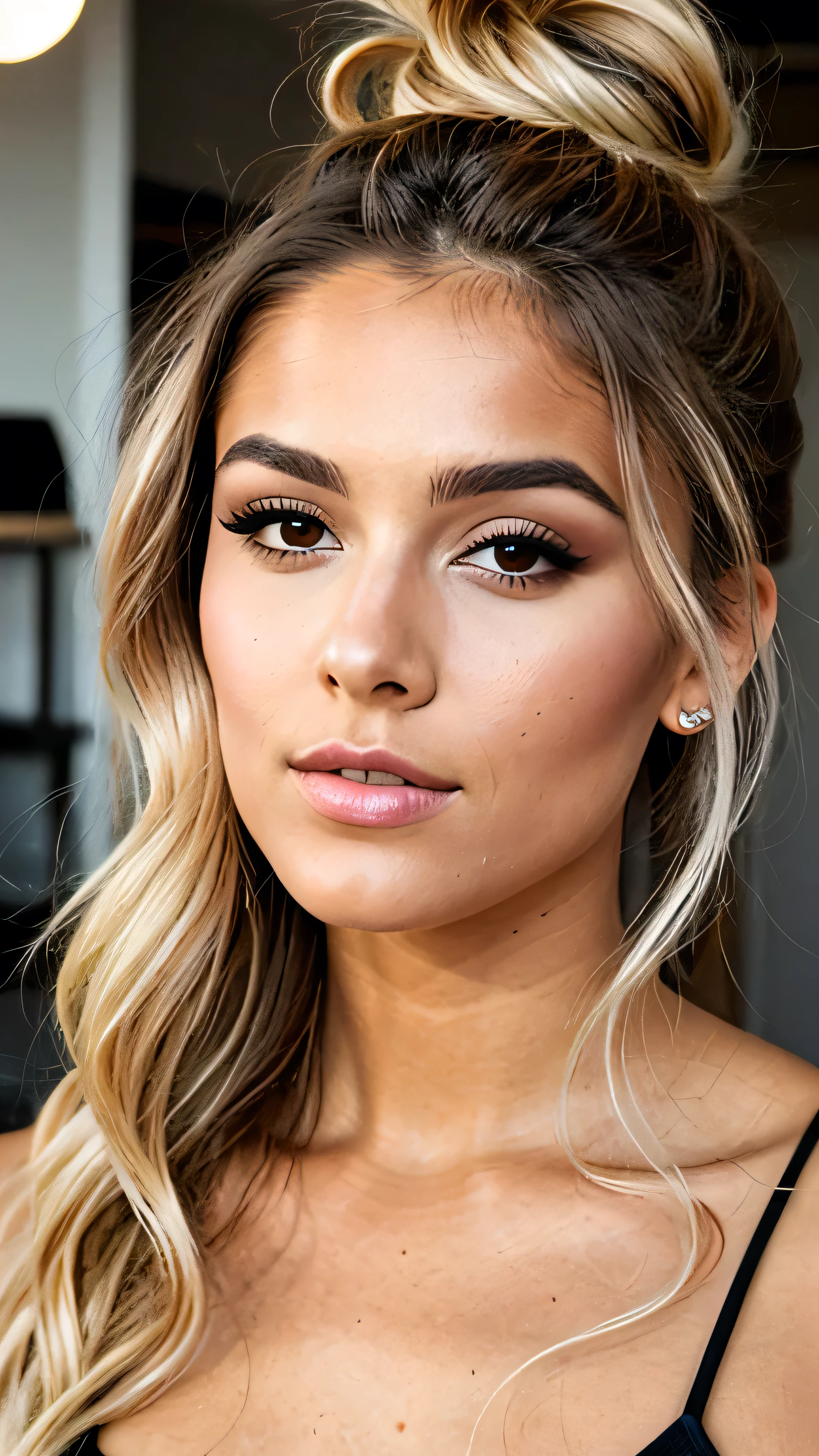 more sexy, more detailed, hairs into a bun, natural makeup