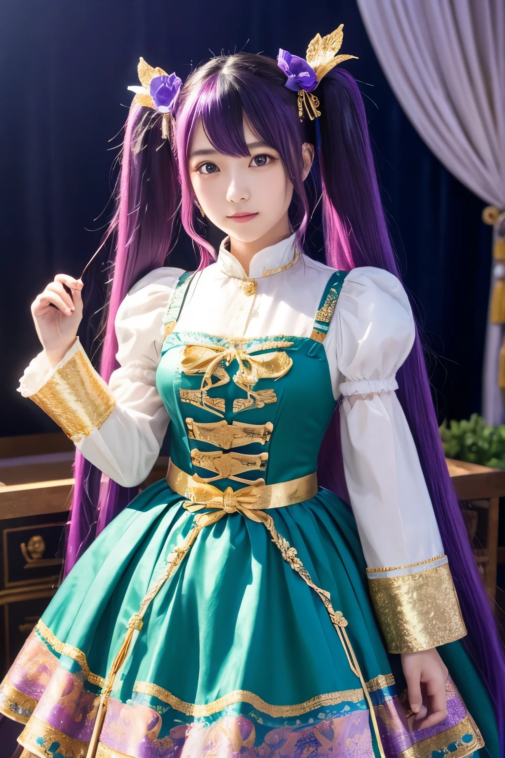 In a fantasy background、A young woman is standing wearing a gorgeous cosplay costume。Her hair is long、Twin tails and dyed purple、Her hair has ribbons and decorations。The costume is based on blue-green.、Gold decorations and ribbons are used everywhere.。The hem and sleeves of the dress have ruffles.、It gives an elegant impression。
The woman's expression is calm.、Looking straight into the camera。The background features magical light effects and stars.、There is a fantastic and dreamy atmosphere.。The details of the costume are intricately embroidered and decorated.、It's a very intricate design。
Her appearance is、It's like an anime or game character.、The whole piece has a fascinating and surreal beauty.。The background and the costumes match、It enhances her presence even more.。