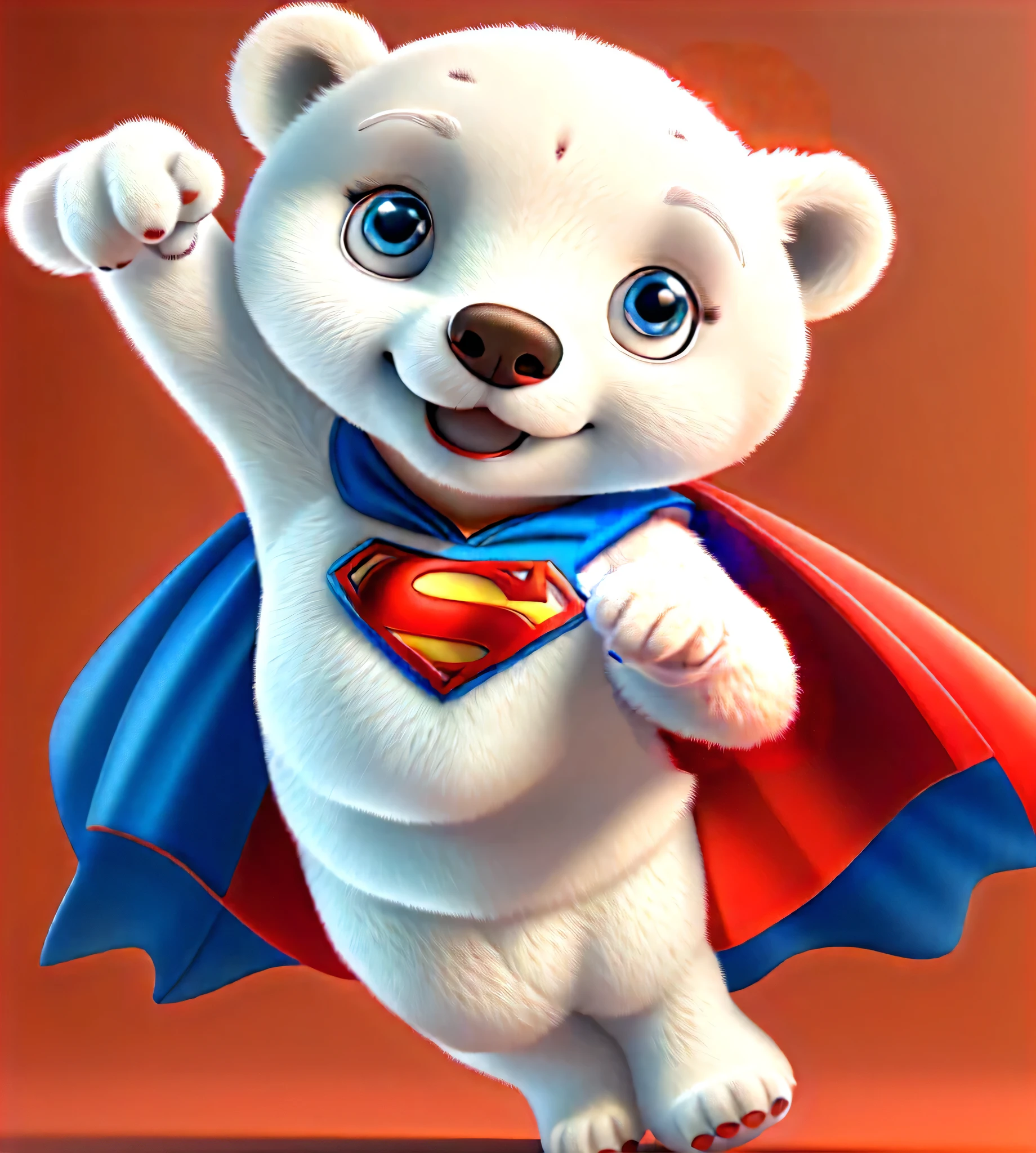 (masterpiece), (best quality), (Extremely detailed),  Cute white bear, blue cape with Superman S logo on the chest flying in the air, big eyes, smiling, Pixar, red background, cute baby polar dog, superman, Disney, design, 3D