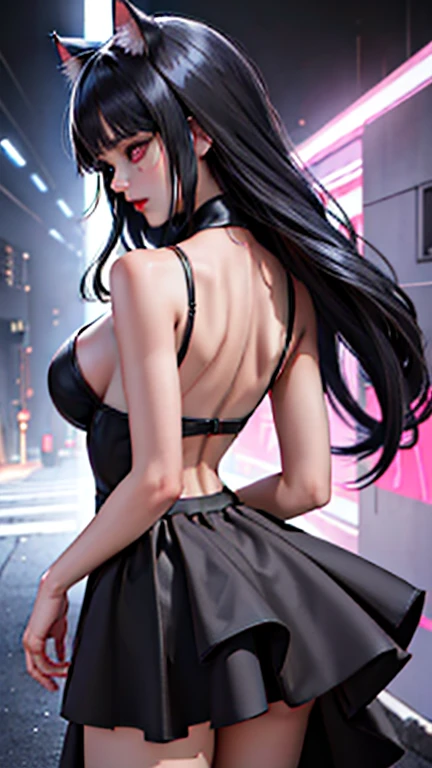 evildoer、girl、Hiding one eye、Black Hair、Bobcut、Black Veil、Black flared mini skirt、Eyes、Cat ear、cute、profile、Close-up of face、10generation、tall、eight-headed body、Back alley at night、Neon lights in the distance、、