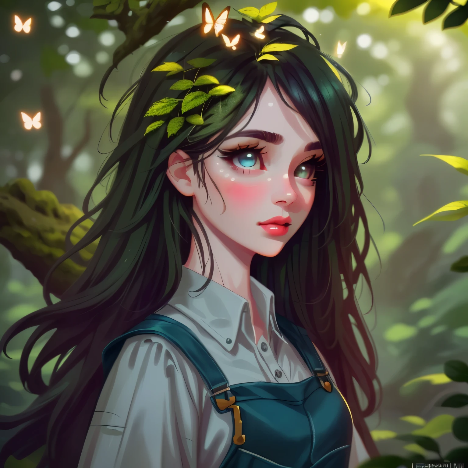 a girl in overalls, beautiful detailed eyes, beautiful detailed lips, extremely detailed face, longeyelashes, standing in a lush green forest with sunlight filtering through the leaves, intricate detailed foliage, detailed mossy rocks, detailed butterflies flying around, photorealistic, 8k, high quality, cinematic lighting, vibrant colors, warm color palette
