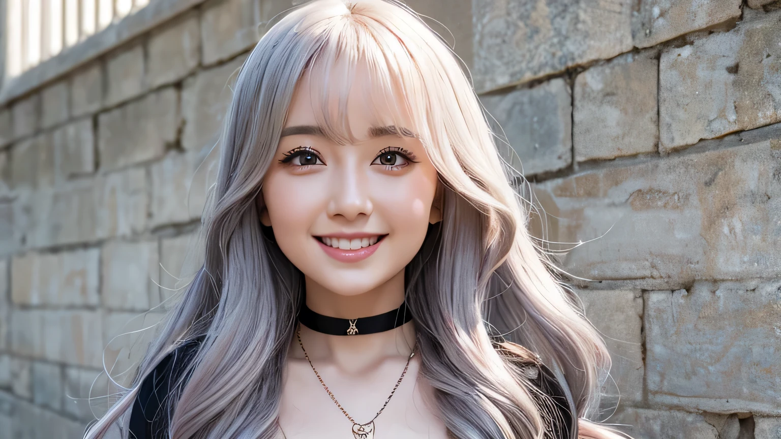 highest quality, Learning, Detailed Hair, High resolution, Big Breasts、necklace, , (Beautiful Face), beautiful girl、Her hair is light grey and pale pink、Smiling、have large breasts、Looking up、Black Dress、choker、Smiling、The ends of the hair are curled、Little devil、