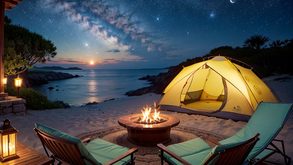High-definition photography、Camping by the sea、beautiful sandy beach、The crescent moon is beautiful、tent、Unburnt fire、grill、sun lounger、starry sky、Quiet place、Beautiful view、lantern light、there was no one there。