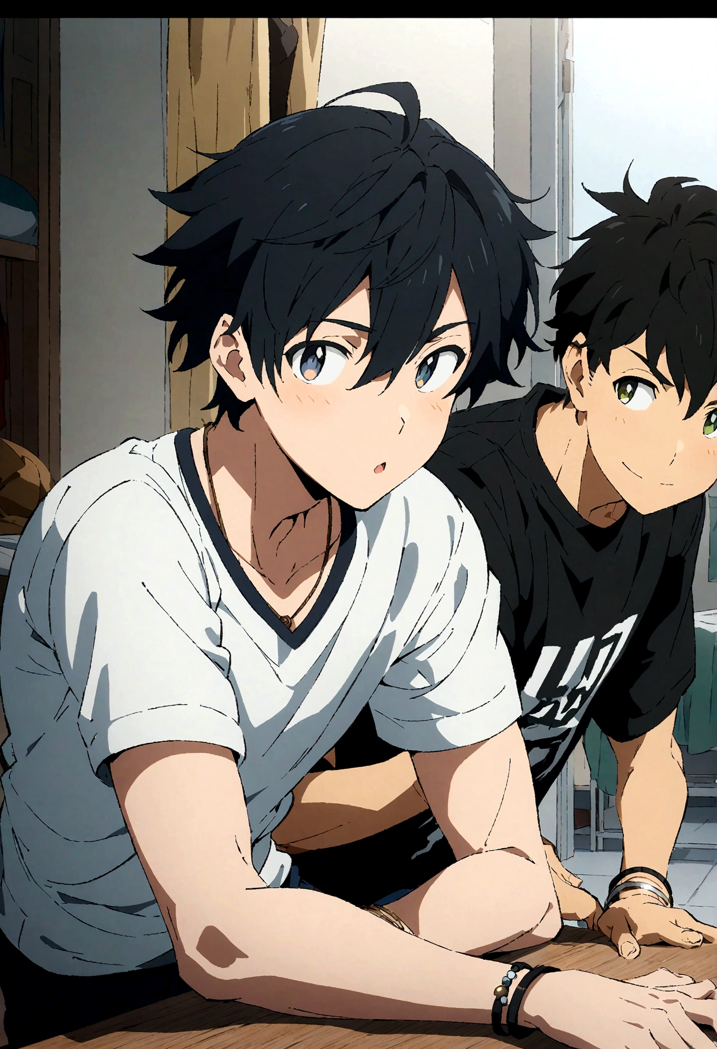boys,,,,,,boys,,,,,,male protagonist,,,Bright Eyes,Black Hair,Refreshing,Refreshing Boys,bright personality,Men's Center,A rich expression,bracelet,Athletic Department Boys' Dormitory,Pure Innocence,Black and White,Casual clothes,creation,high resolution,4k,8k,quasi-masterpiece,highest quality,Makoto Shinkai Style,Cel animation art,Anime Style,Light and Dark,light and dark,thin limbs,