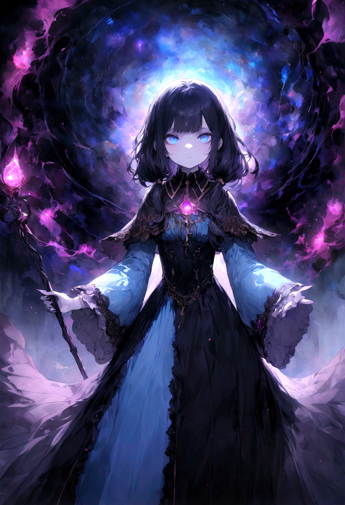 An ultra-detailed, high-resolution digital painting of a small and fragile 15-year-old Caucasian human necromancer with very pale skin, a widow's peak, and very long black hair. She has intense blue eyes and wears a simple high-collared light blue dress with a violet corset, holding a mage staff with dark energy. The background is cosmic and ominous, enhancing their mysterious and supernatural nature