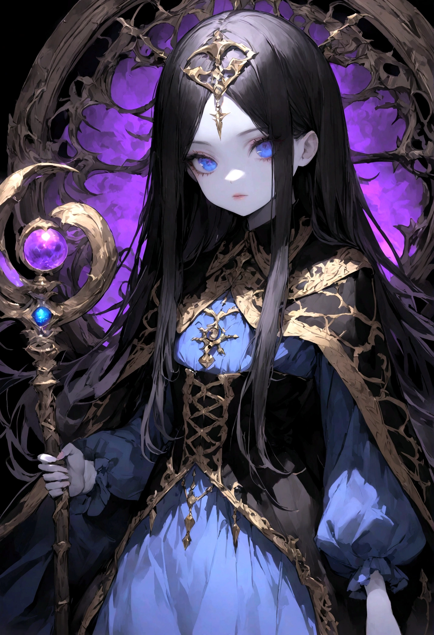 An ultra-detailed, high-resolution digital painting of a small and fragile 15-year-old Caucasian human necromancer with very pale skin, a widow's peak, and very long black hair. She has intense blue eyes and wears a simple high-collared light blue dress with a violet corset, holding a mage staff with dark energy. The background is cosmic and ominous, enhancing their mysterious and supernatural nature