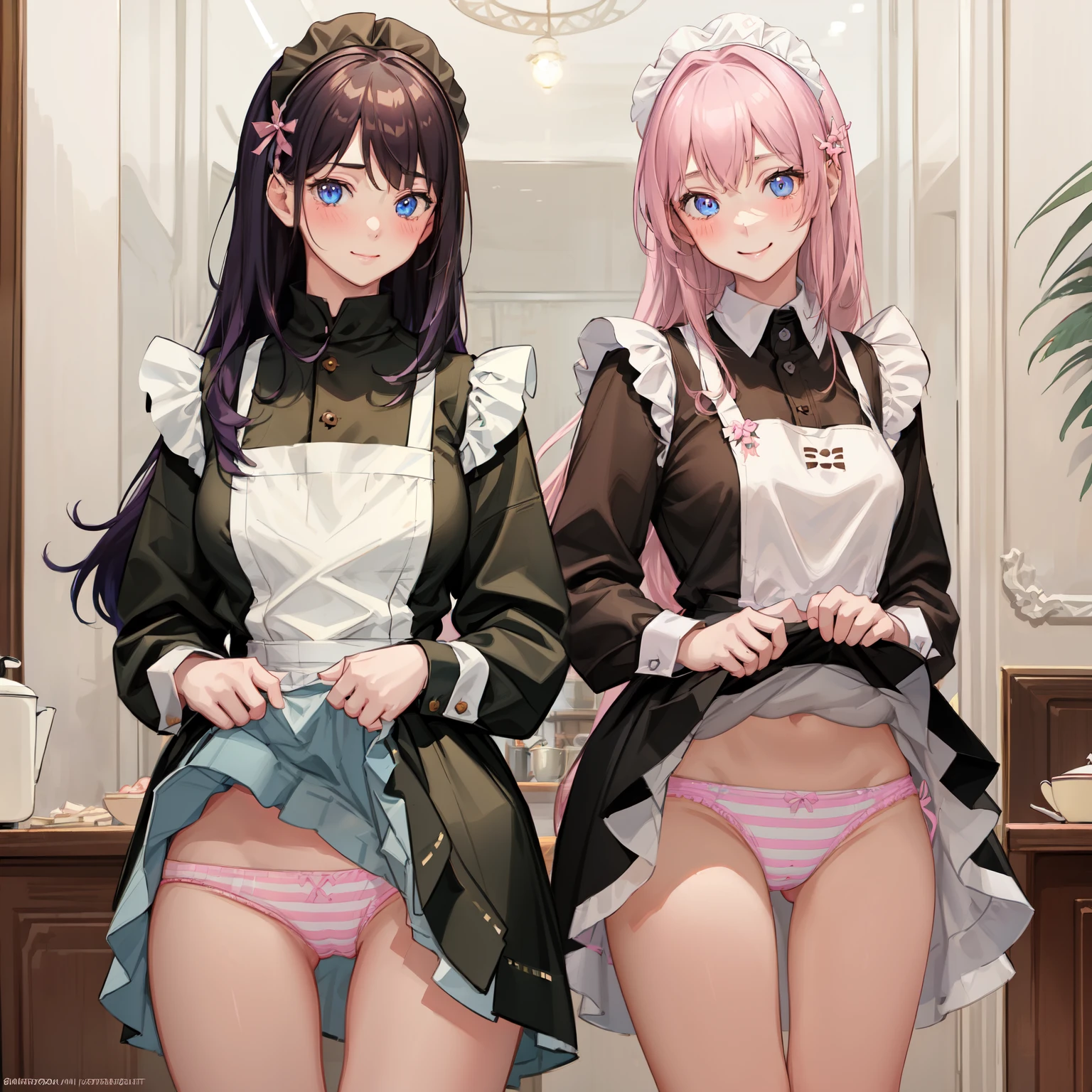 highest quality, masterpiece, ((2 girls:1.5)), ((smile:1.3)), (blush:1.3), Black Shirt, blouse, ((fun!!)), (Small breasts), Blonde, (Long sleeve), ((White apron:1.5)), ((Maid)), ((hair ornaments)), Kamimei, look at me, ((in house:1.5)), Taking a break from watching the audience, Cowboy Shot, (skirtlift:1.3), (Highly detailed pink striped panties:1.3), (Highly detailed panties:1.3), (skirt that rolls up:1.3), (Panties fully exposed:1.5), Light blue eyes, long hair, Glowing Eyes