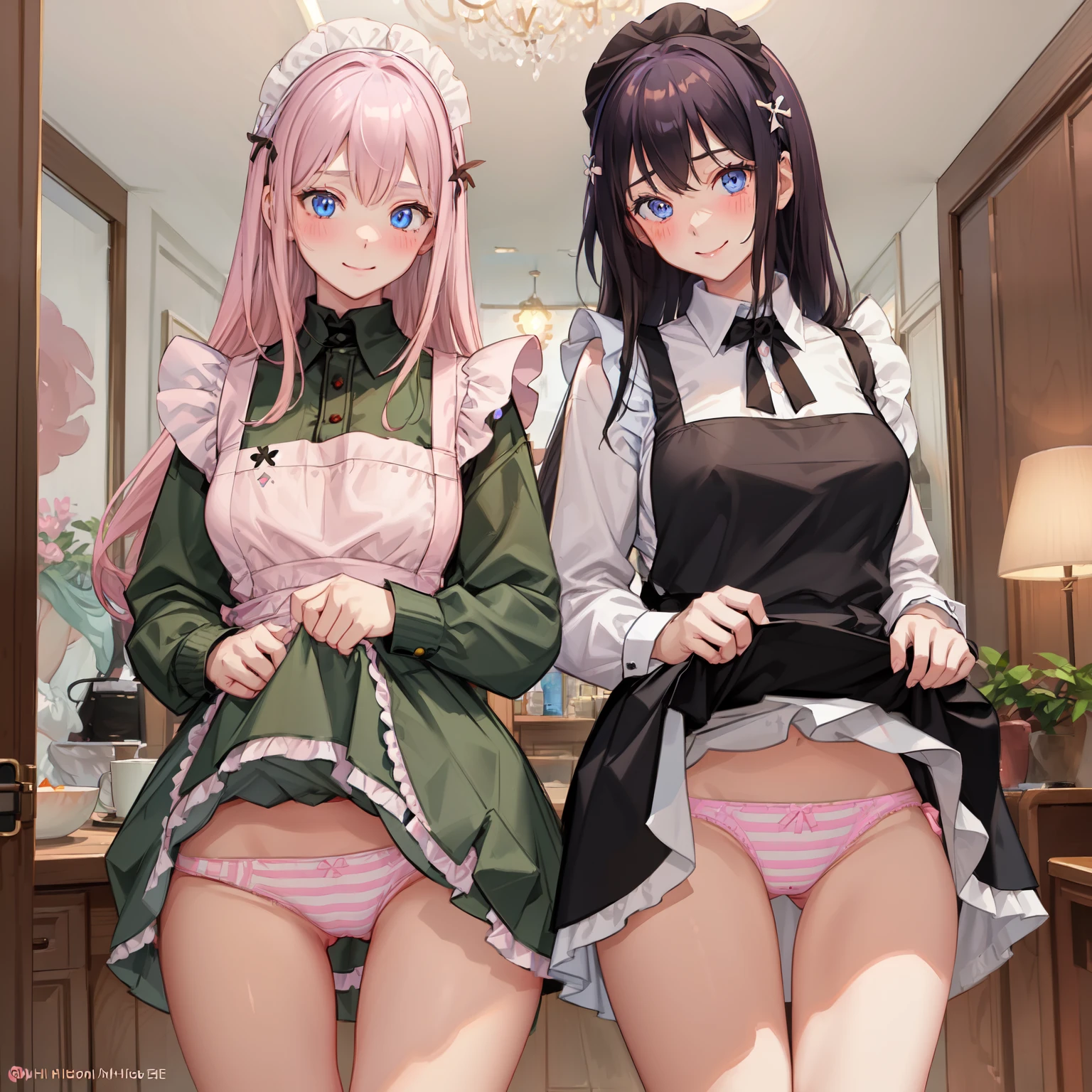 highest quality, masterpiece, ((2 girls:1.5)), ((smile:1.3)), (blush:1.3), Black Shirt, blouse, ((fun!!)), (Small breasts), Blonde, (Long sleeve), ((White apron:1.5)), ((Maid)), ((hair ornaments)), Kamimei, look at me, ((in house:1.5)), Taking a break from watching the audience, Cowboy Shot, (skirtlift:1.3), (Highly detailed pink striped panties:1.3), (Highly detailed panties:1.3), (skirt that rolls up:1.3), (Panties fully exposed:1.5), Light blue eyes, long hair, Glowing Eyes