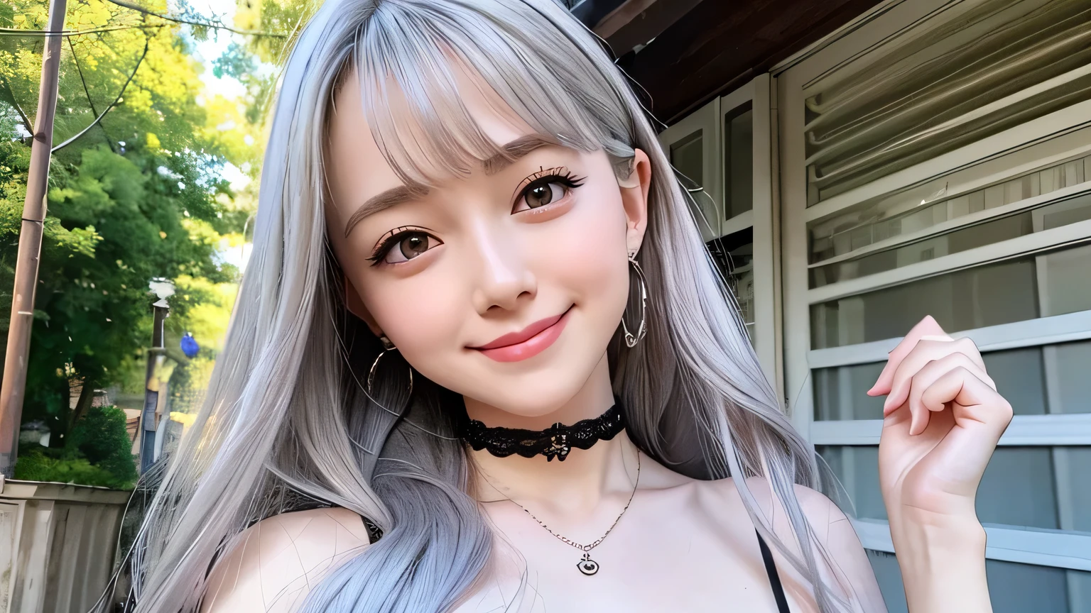 highest quality, Learning, Detailed Hair, High resolution, Big Breasts、necklace, , (Beautiful Face), beautiful girl、Her hair is light grey and pale pink、Smiling、have large breasts、Looking up、Black Dress、choker、Smiling、The ends of the hair are curled、Little devil、
