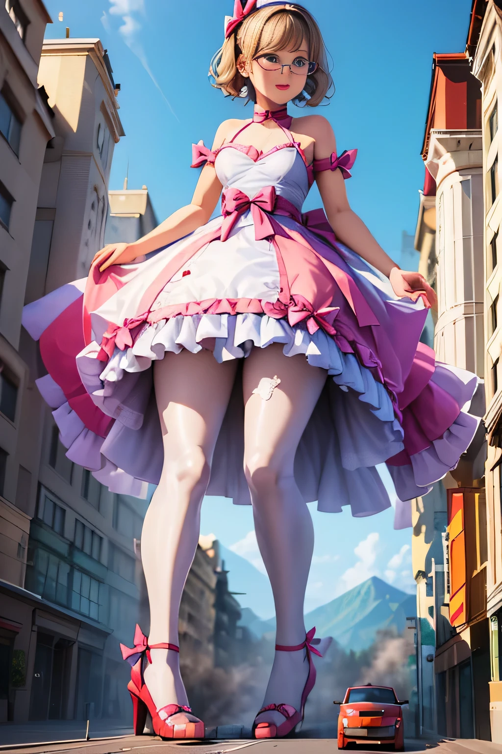 giantess art, highly detailed giantess shots, giantess, Two legs, Five fingers, short hair, super giant princess, A beautiful girl who is bigger than any skyscraper, Wearing rimless glasses, smile, Big Breasts, White gorgeous dress, White Pantyhose, white pantyhose, White stiletto sandals, toes visible through pantyhose, Destroying cities, A very small big city, Miniature metropolis, Full body description, GTS, giga giantess, stomping city, crash city, tiny city, micro city, pantyhose feet, High resolution, highest quality, masterpiece, princess dress, city in flames, ruins,