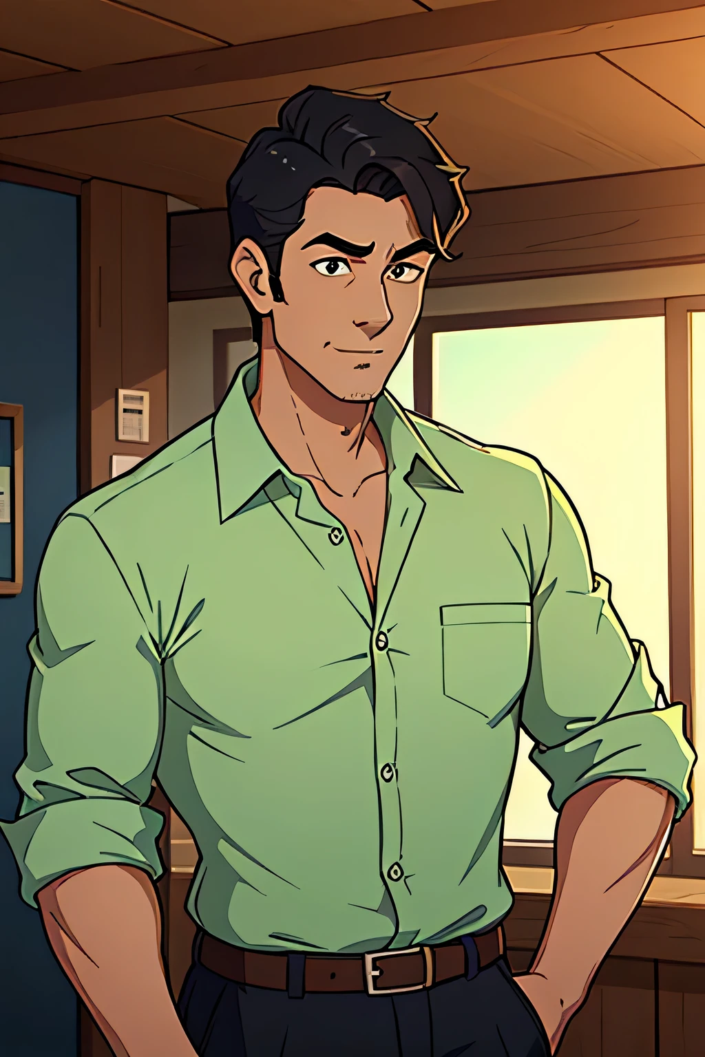 A man wearing a neatly pressed, light-green button-down shirt, the sleeves rolled up and the collar open, preventing him from looking too uptight, leaning back confidently in the booth, nodding enthusiastically, his hair sticking up all over his head, and he had a five-o'clock shadow