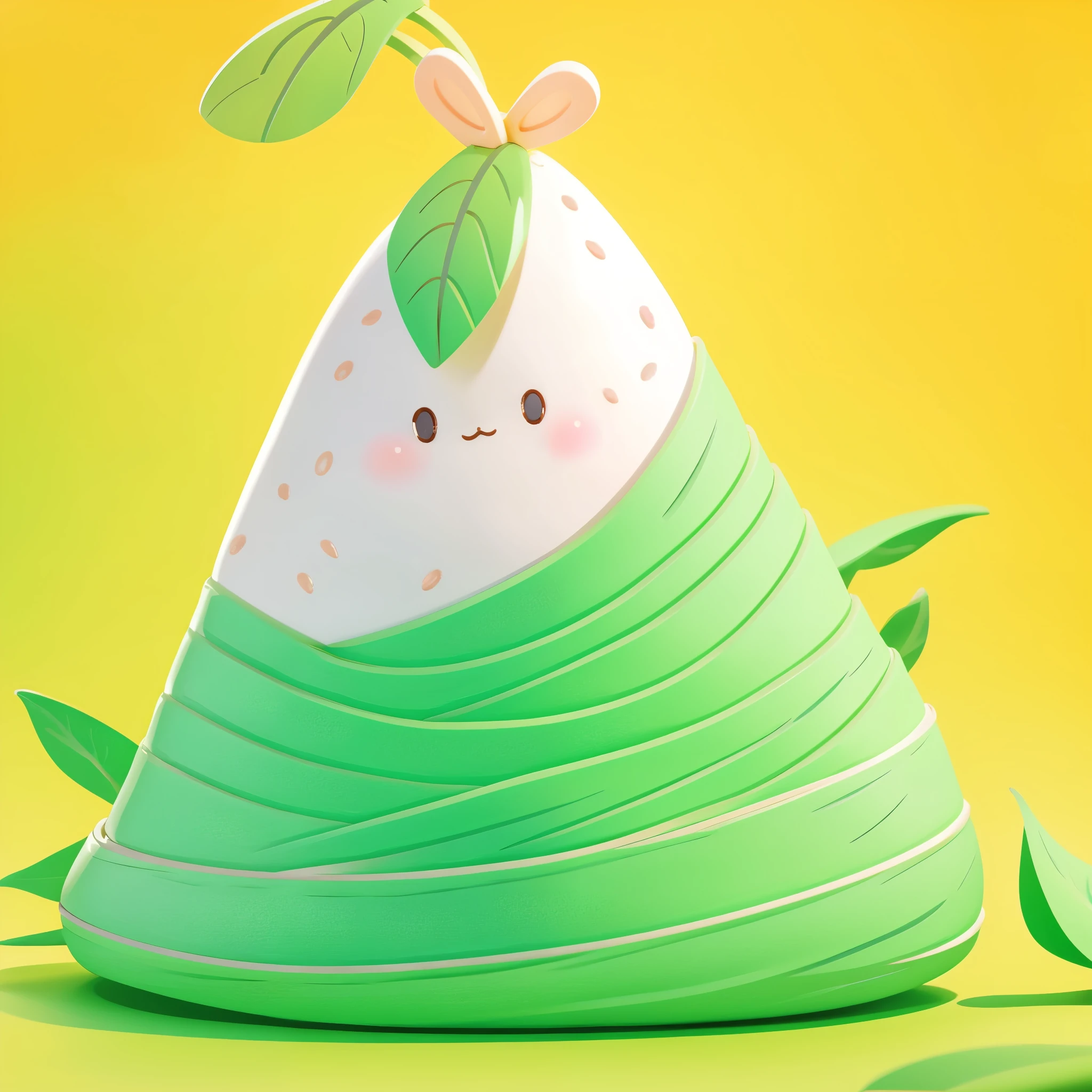 a one KAWAII 3D chibi Zongzi,Blind Box, pop matt blind box toy, front view, clean background, natural light, ray tracing, 3d Rendering, C4D, Octane Rendering，A triangular green rice dumpling, made of glutinous rice, has a cute expression, the body is wrapped in tapered leaves, the head sticking out of the leaves, equidistant, cartoon-style, Macro Lens, studio light, bold color scheme 