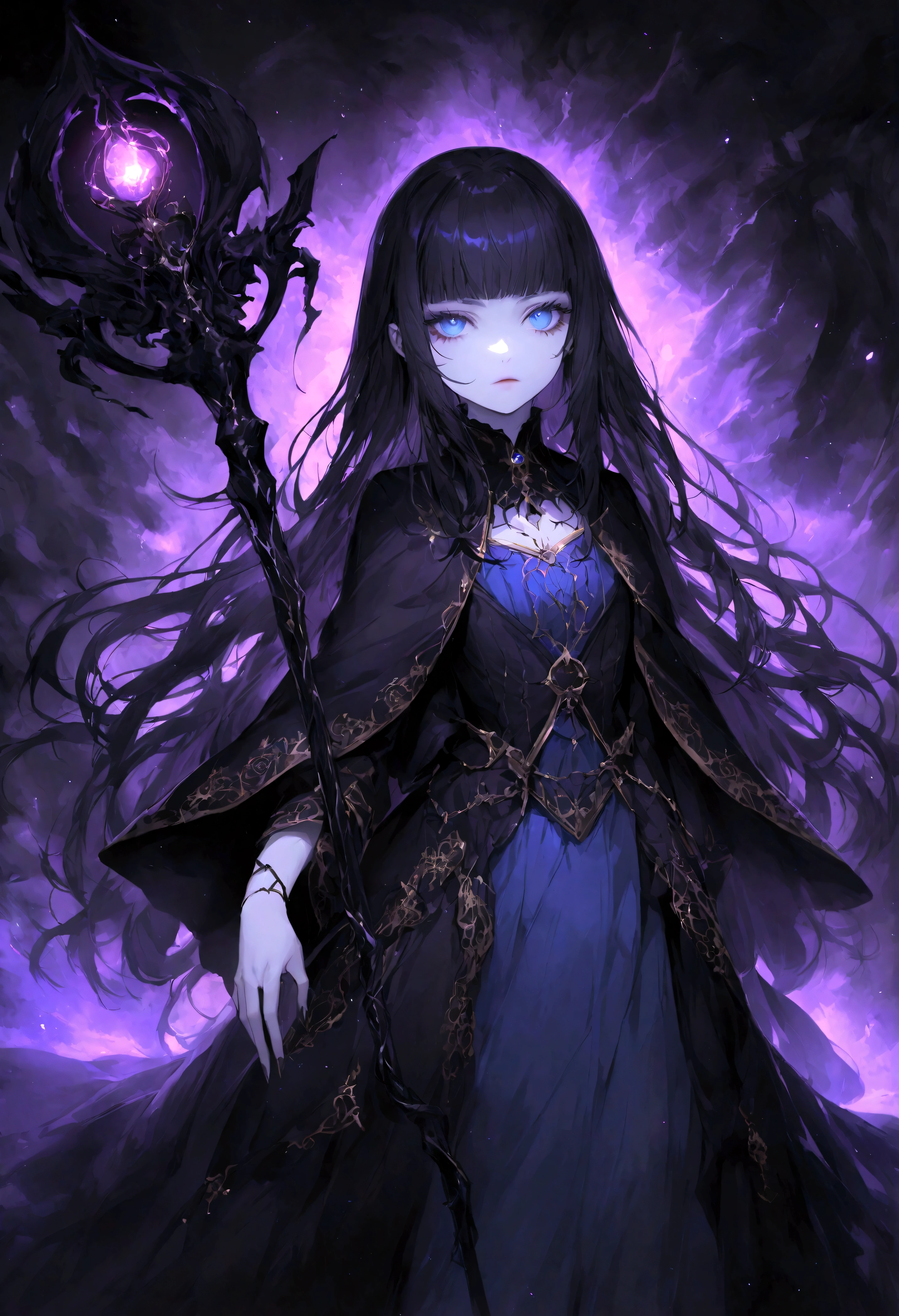 An ultra-detailed, high-resolution digital painting of a small and fragile -yeld Casian human necromancer with very pale skin, a widow's peak, and very long black hair. She has intense blue eyes and wears a simple high-collared light blue dress with a violet corset, holding a mage staff with dark energy. The background is cosmic and ominous, enhancing their mysterious and supernatural nature