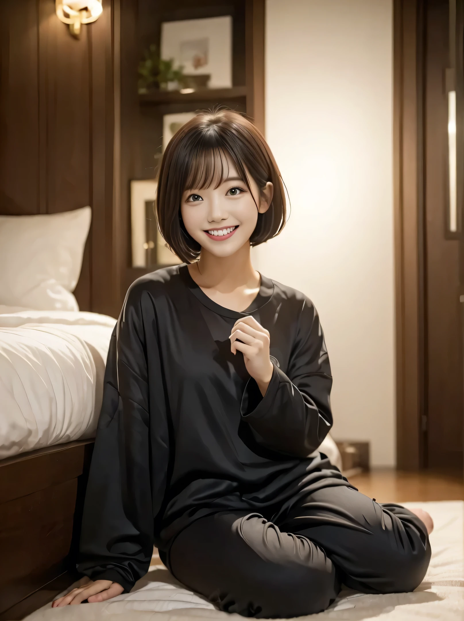 Bedroom、A woman relaxing in loungewear、cute、smile、Short Hair、Black Hair