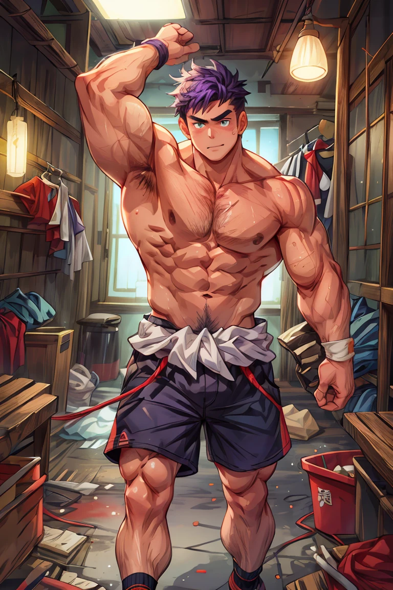 (height:About 300cm),Bare chest muscles,Upper body,(masterpiece,The best quality,H),1 person,Naked Man,很shy,My face turns red,shy,muscular,Eyes look at the audience,Nude,(Nude),Blue eyes,No shirt,Upper body,short blue-purple hair,Youthful feeling,young,(Fluorescent lamp),(One color),(蓝色background),Grey Striped Shorts,Thick arms,Broad shoulders,Strong without being bulky,tall and big,height极高,(Look down from above),Hairy body,Very big body,Covered with muscles,Very strong,strongman,huge,maximum,(Open your arms to your sides),Facial Cleansing,Clean face,Chest muscle expansion,background:A hanger full of clothes,(Head to knee pictures),