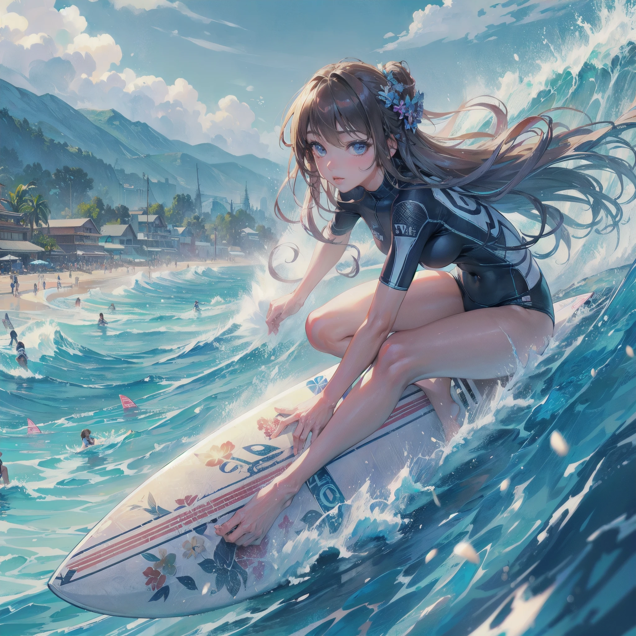  masterpiece, (textured skin), best quality, gorgeous beautiful girl, (a female surfing athlete), detailed clothes,large breasts,narrow waist,, (beautiful face), cinematic lighting, (at surfing venue),