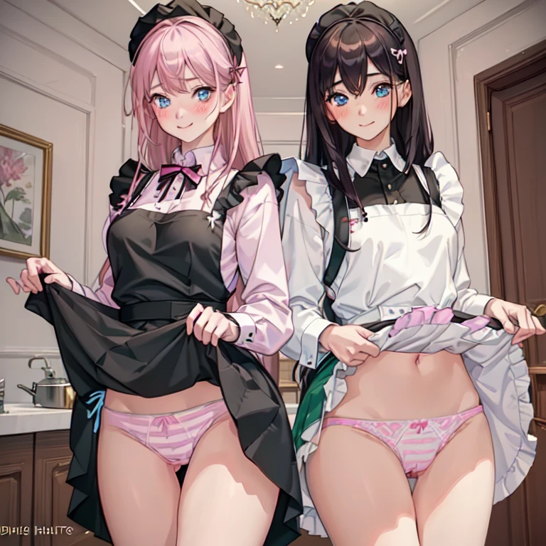 highest quality, masterpiece, ((2 girls:1.5)), ((smile:1.3)), (blush:1.3), Black Shirt, blouse, ((fun!!)), (Small breasts), Blonde, (Long sleeve), ((White apron:1.5)), ((Maid)), ((hair ornaments)), Kamimei, look at me, ((in house:1.5)), Taking a break from watching the audience, Cowboy Shot, (skirtlift:1.3), (Highly detailed pink striped panties:1.3), (Highly detailed panties:1.3), (skirt that rolls up:1.3), (Panties fully exposed:1.5), Light blue eyes, long hair, Glowing Eyes