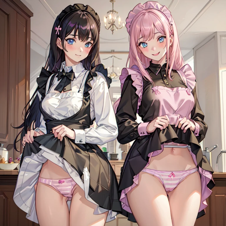 highest quality, masterpiece, ((2 girls:1.5)), ((smile:1.3)), (blush:1.3), Black Shirt, blouse, ((fun!!)), (Small ), Blonde, (Long sleeve), ((White apron:1.5)), ((Maid)), ((hair ornaments)), Kamimei, look at me, ((in house:1.5)), Taking a break from watching the audience, Cowboy Shot, (skirtlift:1.3), (Highly detailed pink striped panties(Highly detailed panties:1.3), that rolls up:1.3), (Panties fully exposedLight blue eyes, long hair, Glowing Eyes
