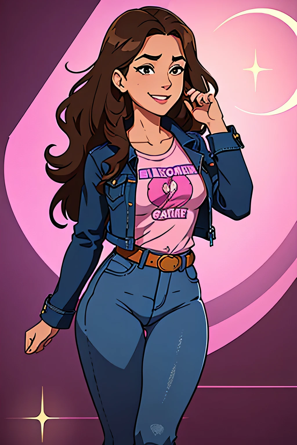 A woman wearing a purple t-shirt, denim jacket, black jeans and combat boots with long straight light brown slightly frizzy hair with pink cheeks and her round face looked almost cheerful, always looking like she's about to smile, her brown eyes wide and sparkling, her thin mouth ready to curve up, even when she wanted to sob