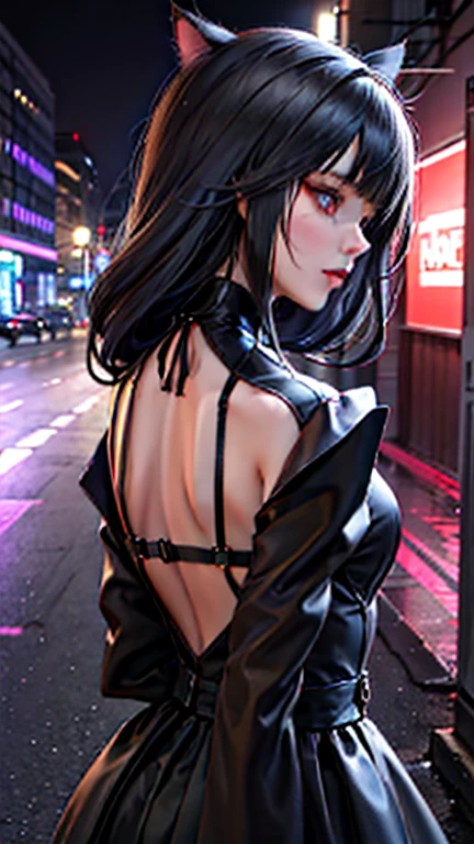 evildoer、girl、Hiding one eye、Black Hair、Bobcut、Black Veil、Black flared mini skirt、Eyes、Cat ear、cute、profile、Close-up of face、10generation、tall、eight-headed body、Back alley at night、Neon lights in the distance、、