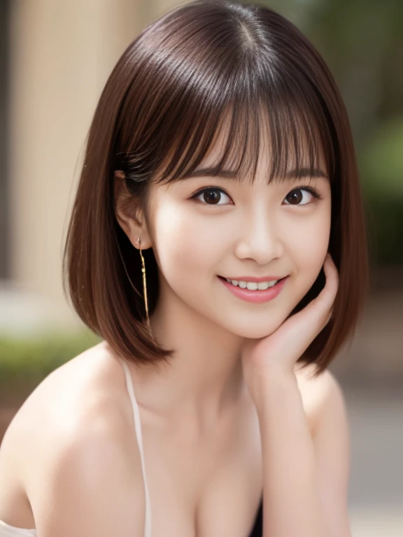 (masterpiece)、(highest quality:1.5)、(16k wallpaper:1.2)、(Photorealistic:1.2)、(Ultra-detailed:1.2)、(Surreal), (High resolution), (Very detailed), (Professional), (Realistic), (Post-processing), (Very detailed),(Sharp focus), Sharp focus:1.2,Photorealistic, Ultra-realistic, Backlight, (Improvement of quality:1.4), Healthy thighs、(Narrow waist)、Big Ass、(Beautiful legs)、((Perfectly detailed five-fingered hands)),(Anatomically correct body)、((1 female:1.4))、Japanese、Asian、Realistic Skin、(Small chest:1.4)、Bust size is C cup、Pretty woman with perfect figure:1.4,(from the front:1.5), (Enhances the beauty of skin texture:1.1), (Beautiful fine details), (Detailed face),Beautiful realistic face,No makeup、美しいBlack Hair、The best smile、Natural color lip、(Small Mouth:1.2)、(Oval Face)、Even bangs、Hide eyebrows with bangs、((29-year-old woman))、Bob Hair、Hair blowing in the wind, (Black Hair, Iris, Watery eyes, Shining Eyes, Bob cut hair, Small earrings,), Hair behind the ear、No makeup、(Drooping eyes)、Drooping eye corners、Professionalのカメラマンが撮影した写真,1 girl, Cute Smile.whole body、(((One lovely woman)),((A big friendly smile)),(( Small breasts,Small breastsの谷間)),((((Plump Cheeks)))),((whole body:1.5))、(Narrow waist、Slender Body)、 cute look and cute 29-year-old 美しい girl, Hair blowing in the wind、