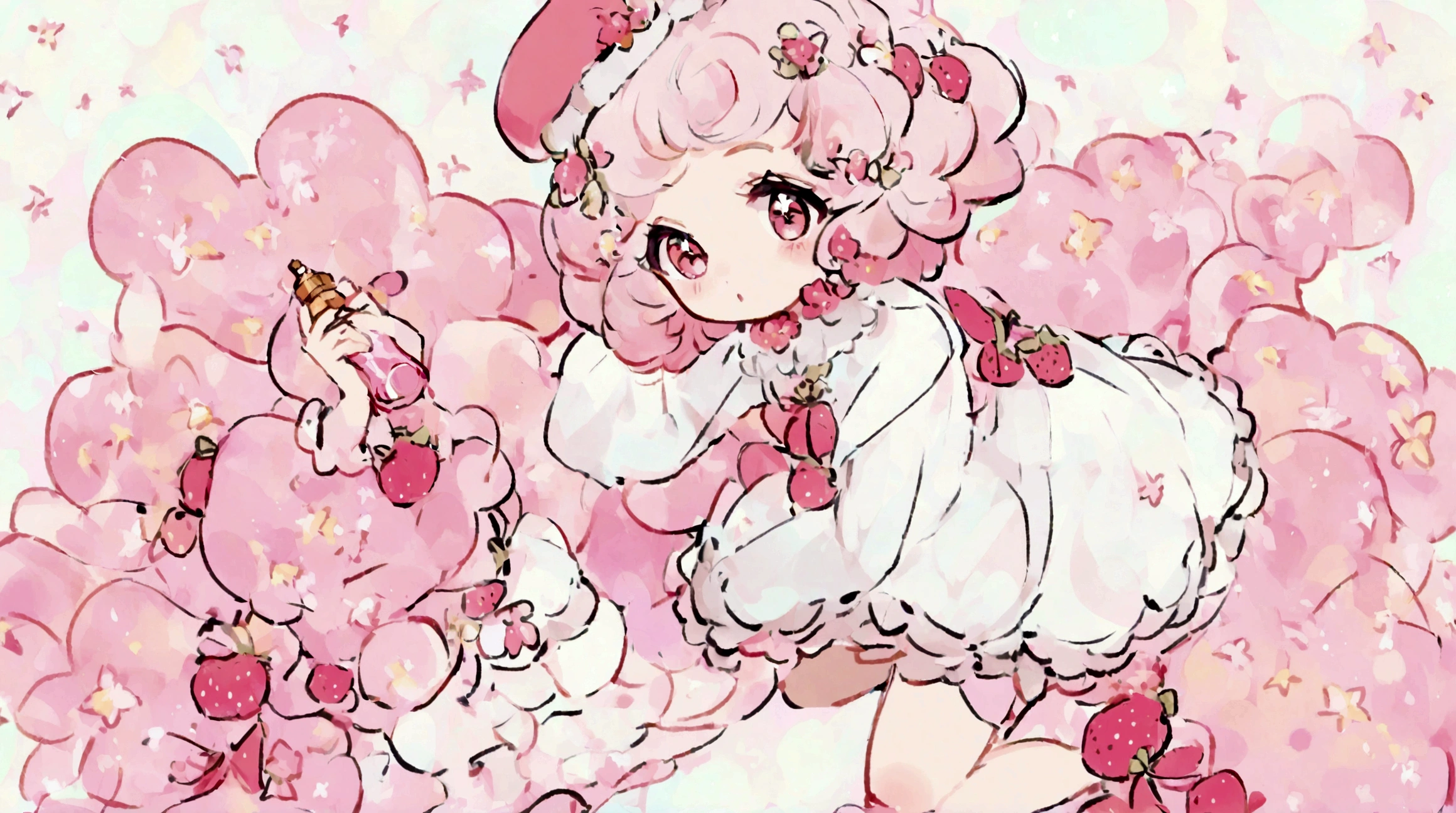 pink Candy is wearing a hat with a red ribbon., Holding a perfume bottle, Long sleeve white dress, And bare feet. 彼女のpinkの前髪はイチゴの帽子の下から覗いていて、Each eye has three eyelashes。. Shine; Sparkling strawberry flowers