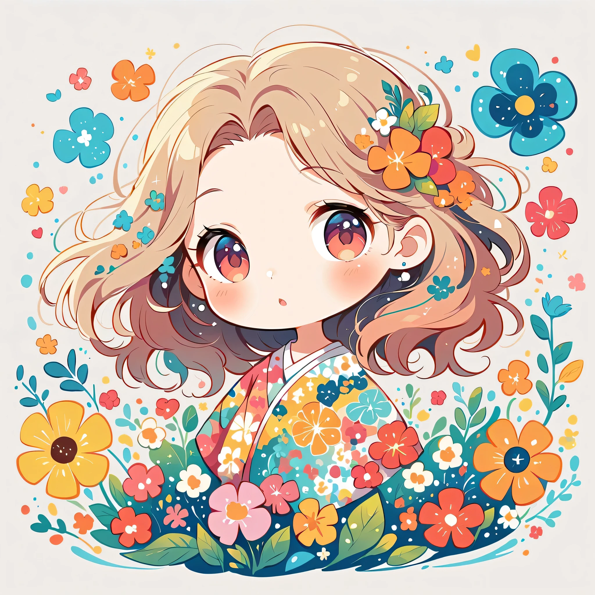 Takashi Murakami Style、The most beautiful girl of all time、Lips in Love、Colorful flowers、Simple line initials、Abstract art、Hawaii Background, (((chibi))),