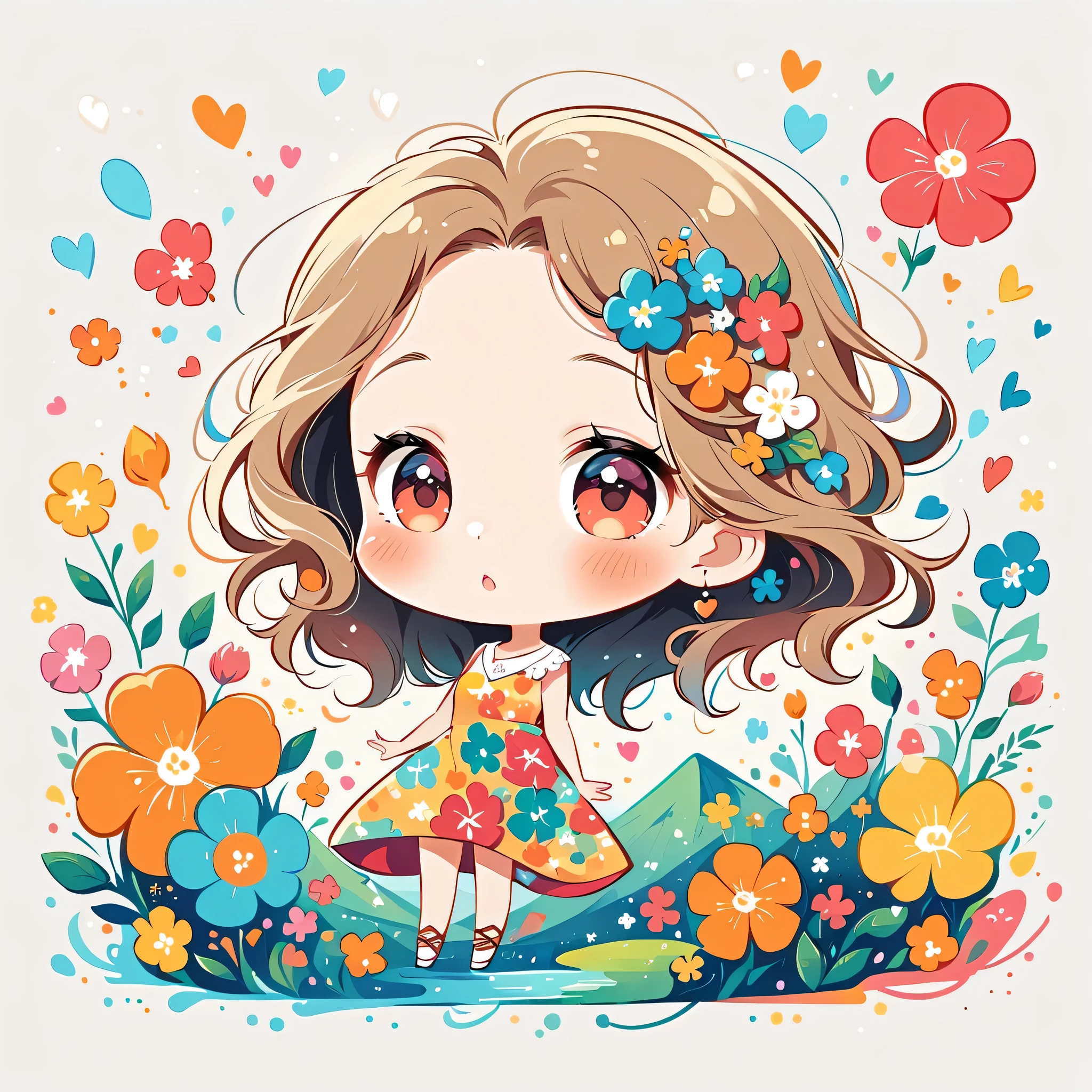 Takashi Murakami Style、The most beautiful girl of all time、Lips in Love、Colorful flowers、Simple line initials、Abstract art、Hawaii Background, (((chibi))),