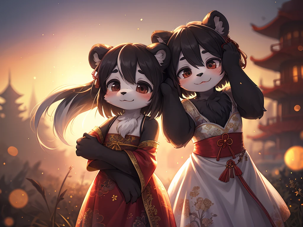 Ink painting , Hallucination, daydream , bokeh , hairy fur , messy slender panda girl , china dress , Chest protrusion , Chinese Panda pattern face , Hug the boy's head from behind , Fluttering in the wind
